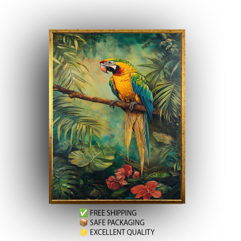 Vintage Macaw Parrot Canvas Print: Tropical Jungle Wall Art