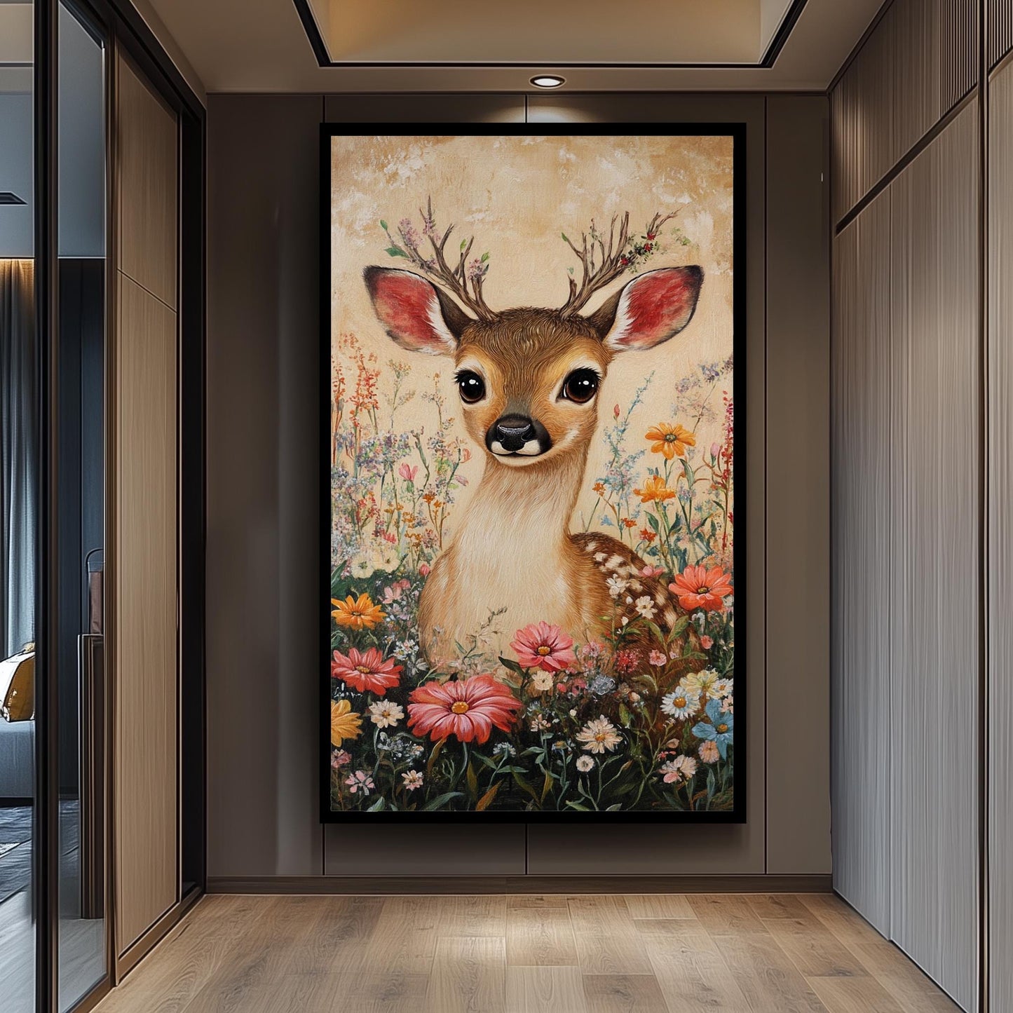 Vintage Fawn Canvas Print: Floral Woodland Animal Painting