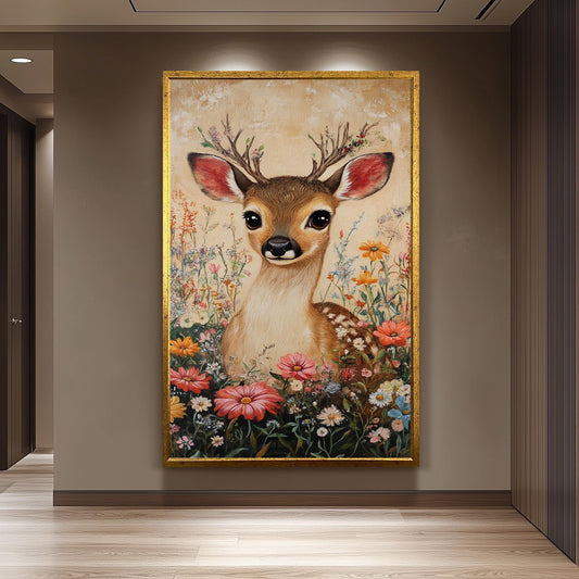 Vintage Fawn Canvas Print: Floral Woodland Animal Painting
