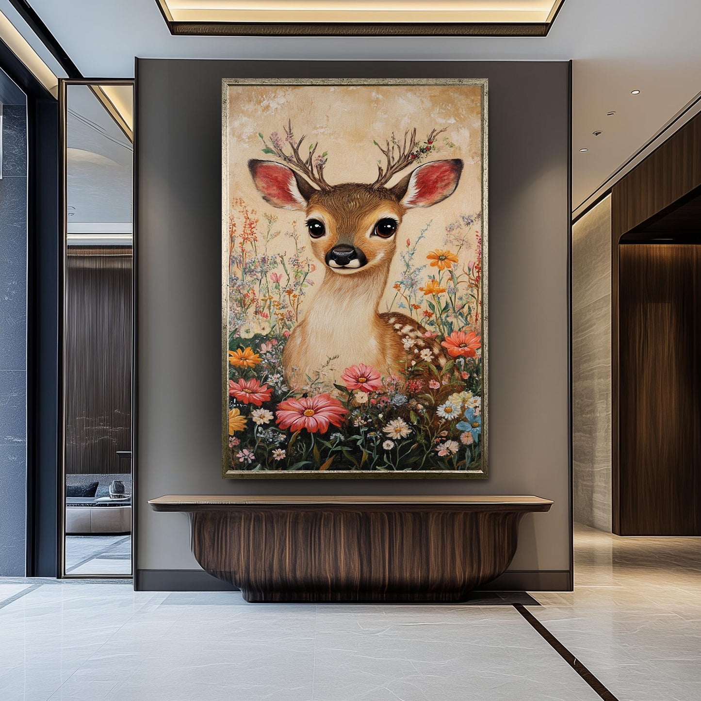 Vintage Fawn Canvas Print: Floral Woodland Animal Painting