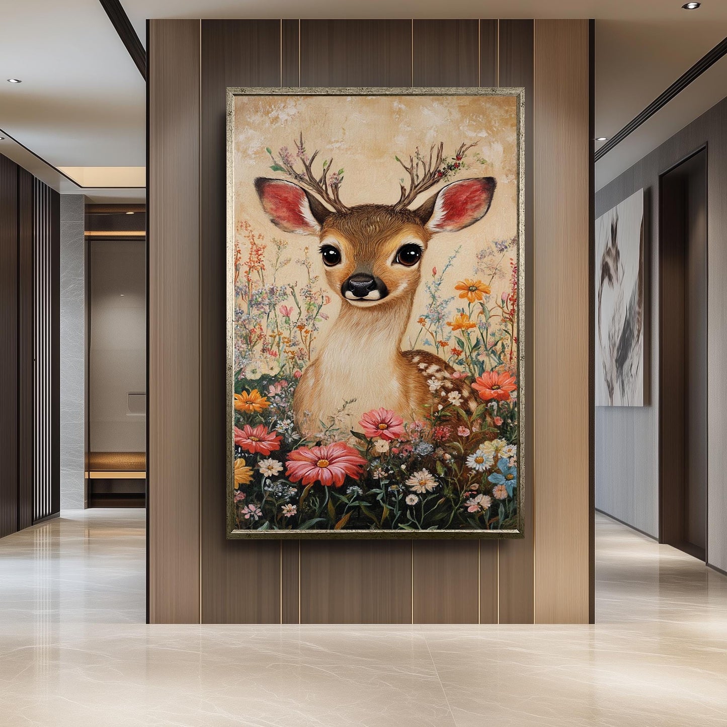 Vintage Fawn Canvas Print: Floral Woodland Animal Painting