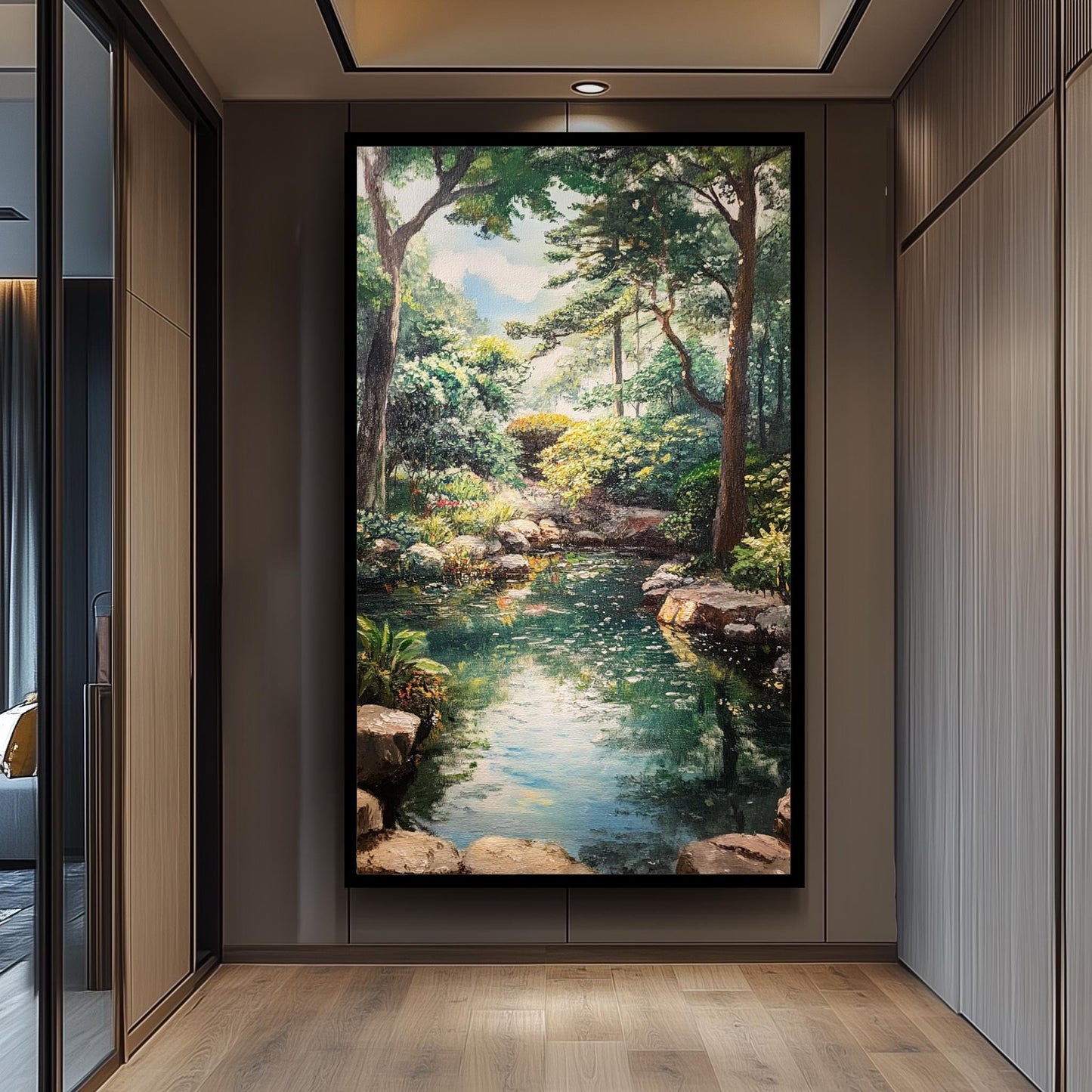 Vintage Garden Pond Oil Painting: Serene Landscape Canvas Wall Art