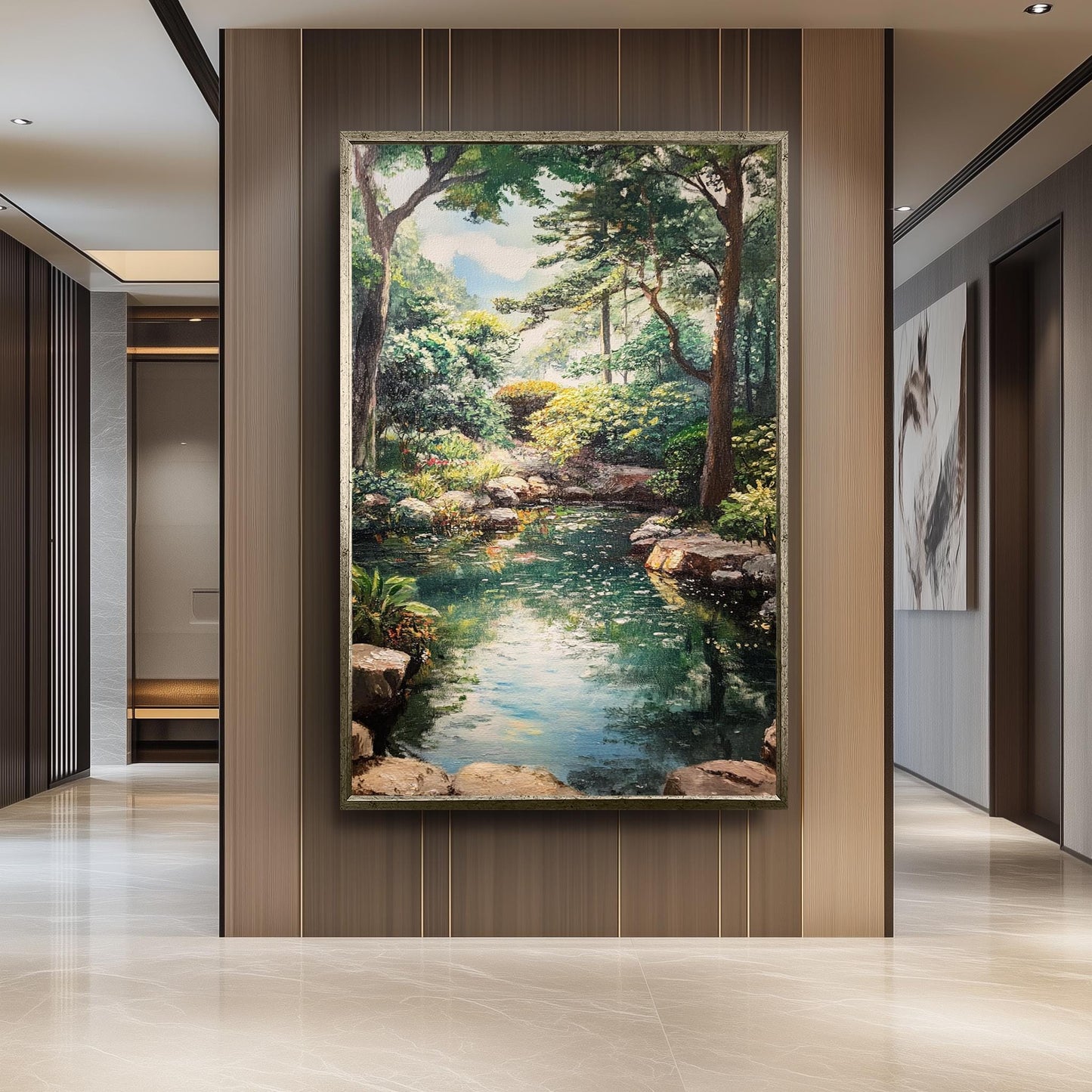 Vintage Garden Pond Oil Painting: Serene Landscape Canvas Wall Art