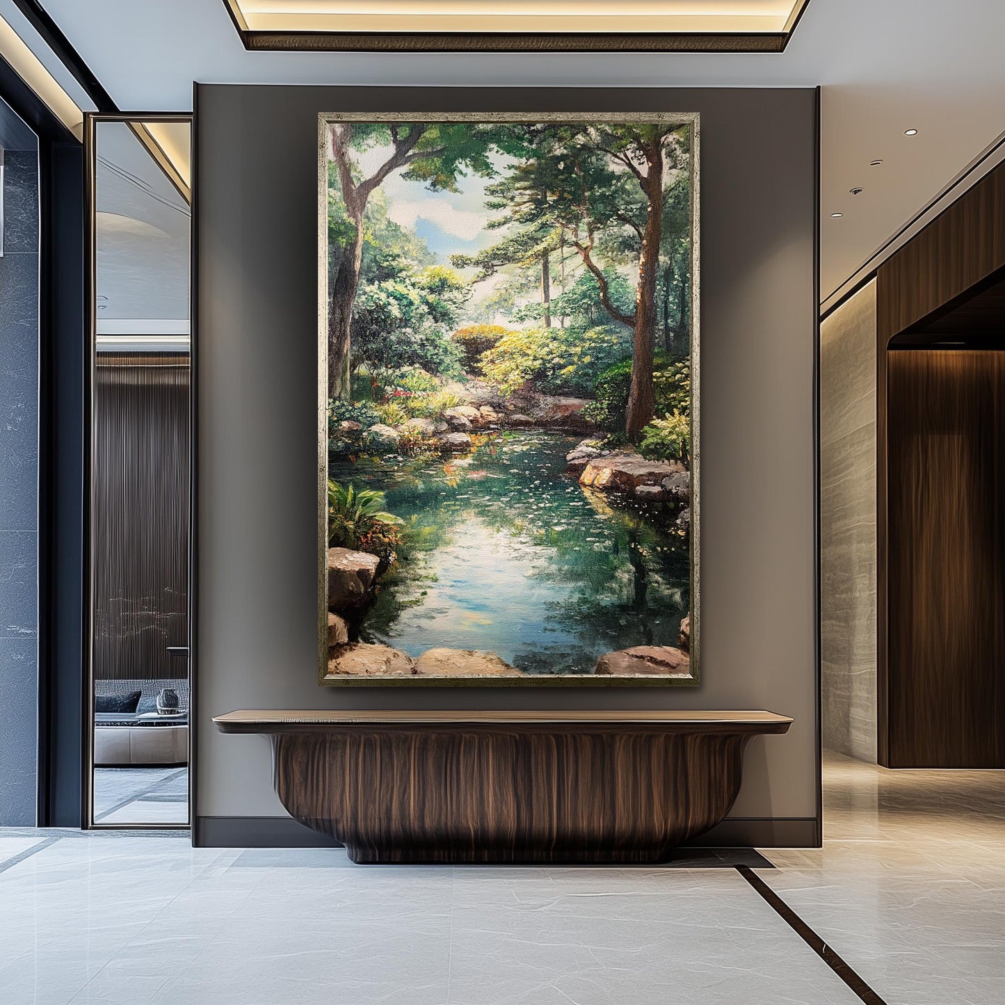 Vintage Garden Pond Oil Painting: Serene Landscape Canvas Wall Art