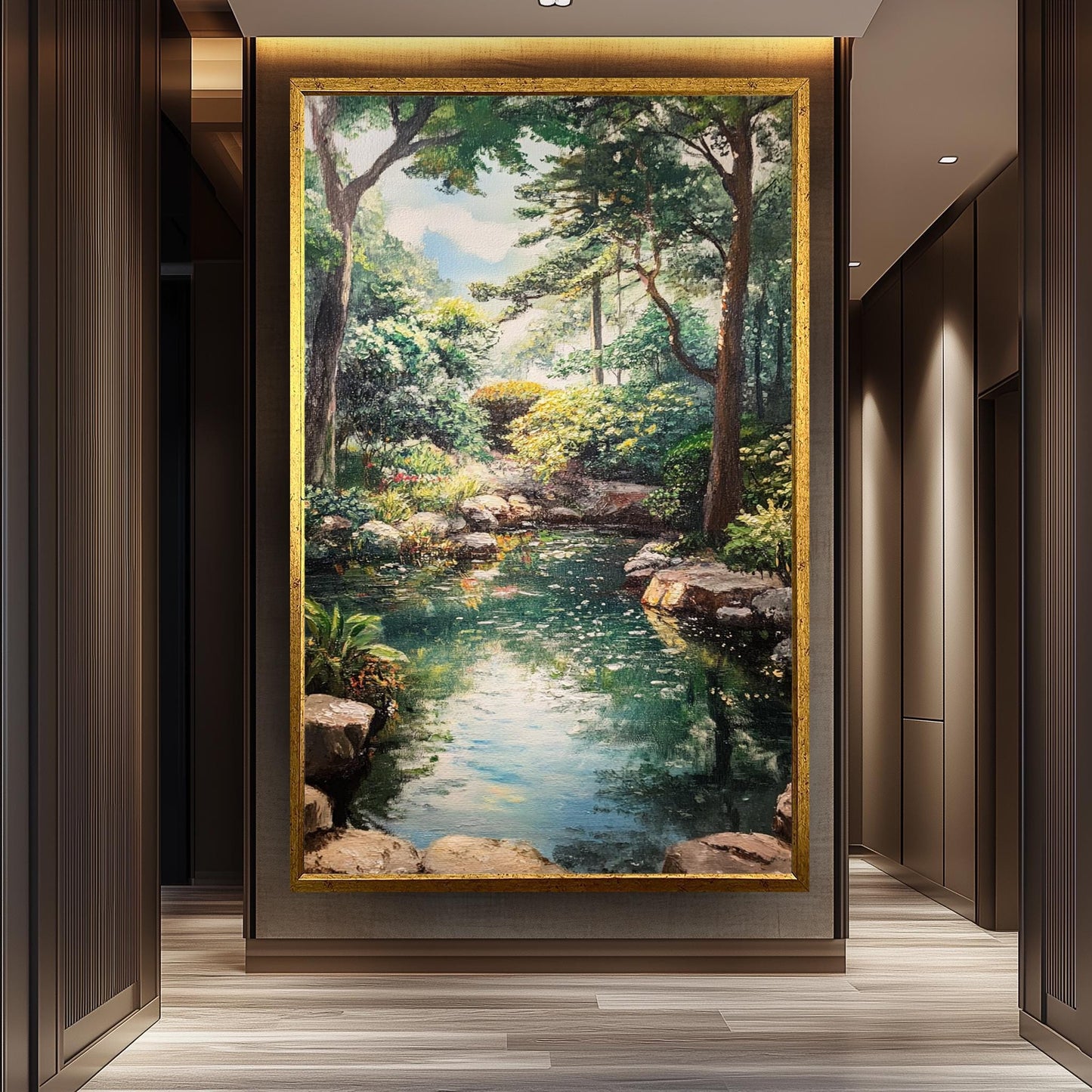 Vintage Garden Pond Oil Painting: Serene Landscape Canvas Wall Art
