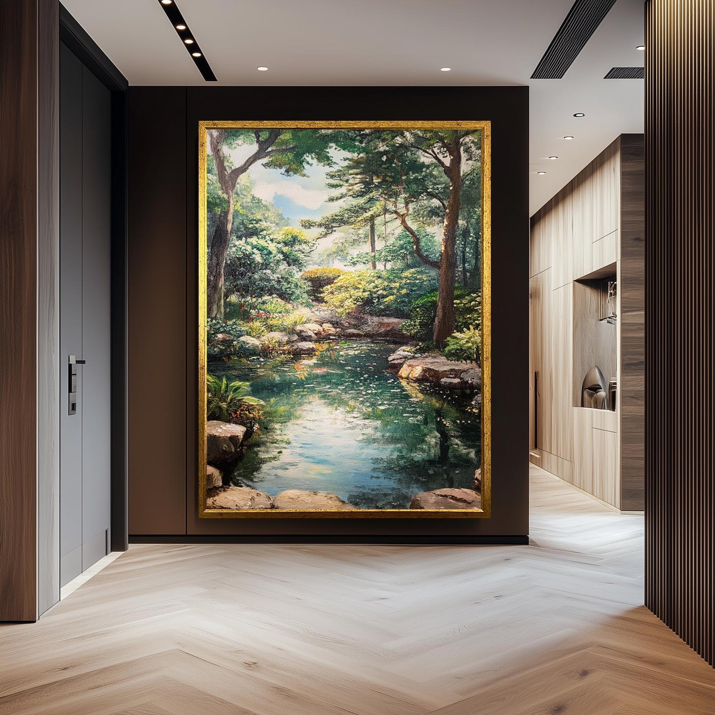Vintage Garden Pond Oil Painting: Serene Landscape Canvas Wall Art