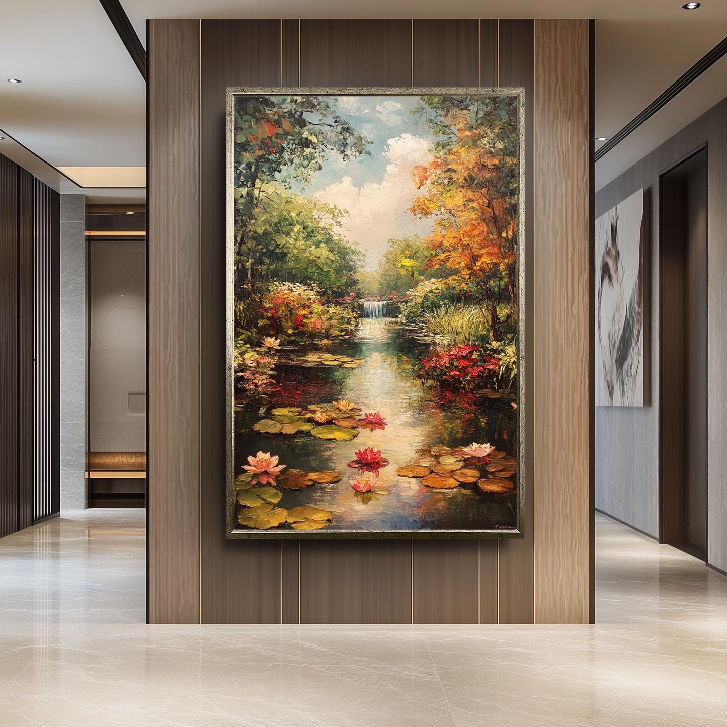 Vintage Garden Pond Oil Painting: Water Lilies, Waterfall Landscape Art Canvas