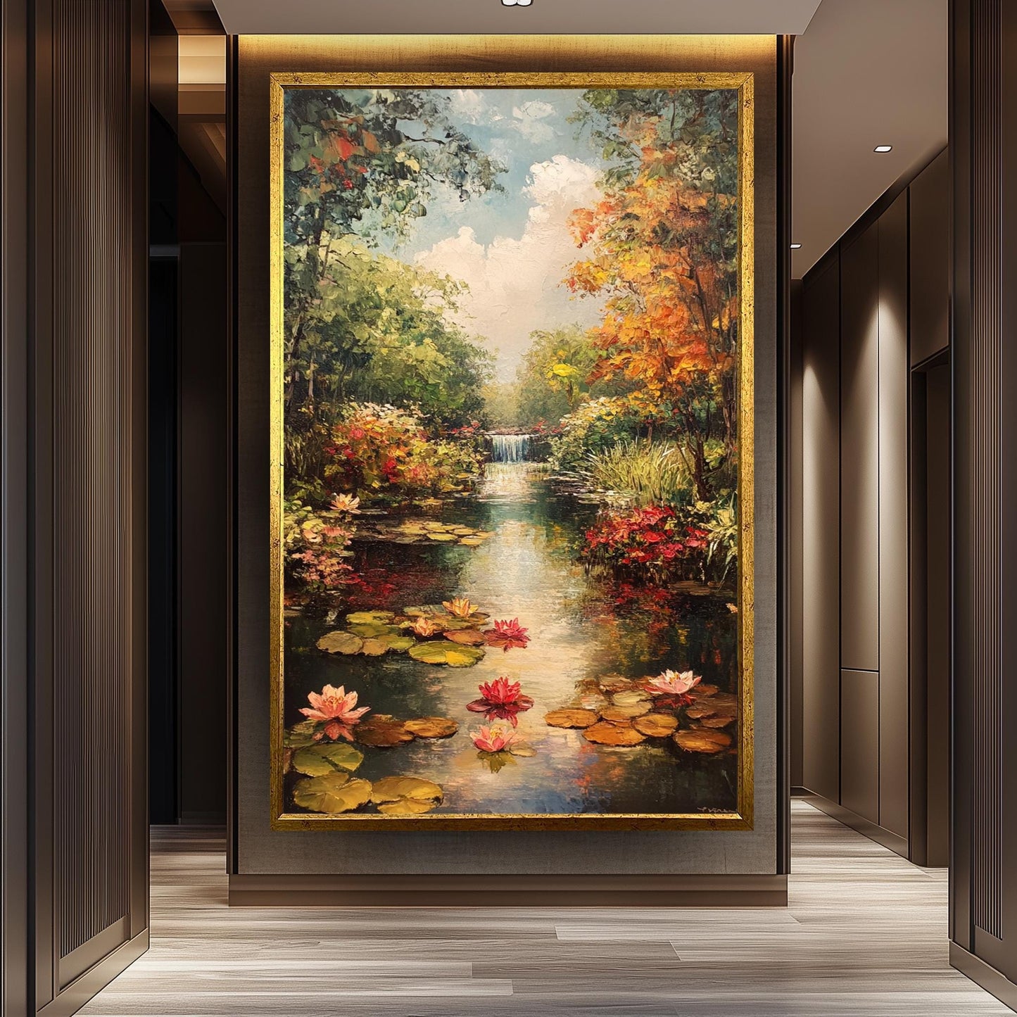 Vintage Garden Pond Oil Painting: Water Lilies, Waterfall Landscape Art Canvas