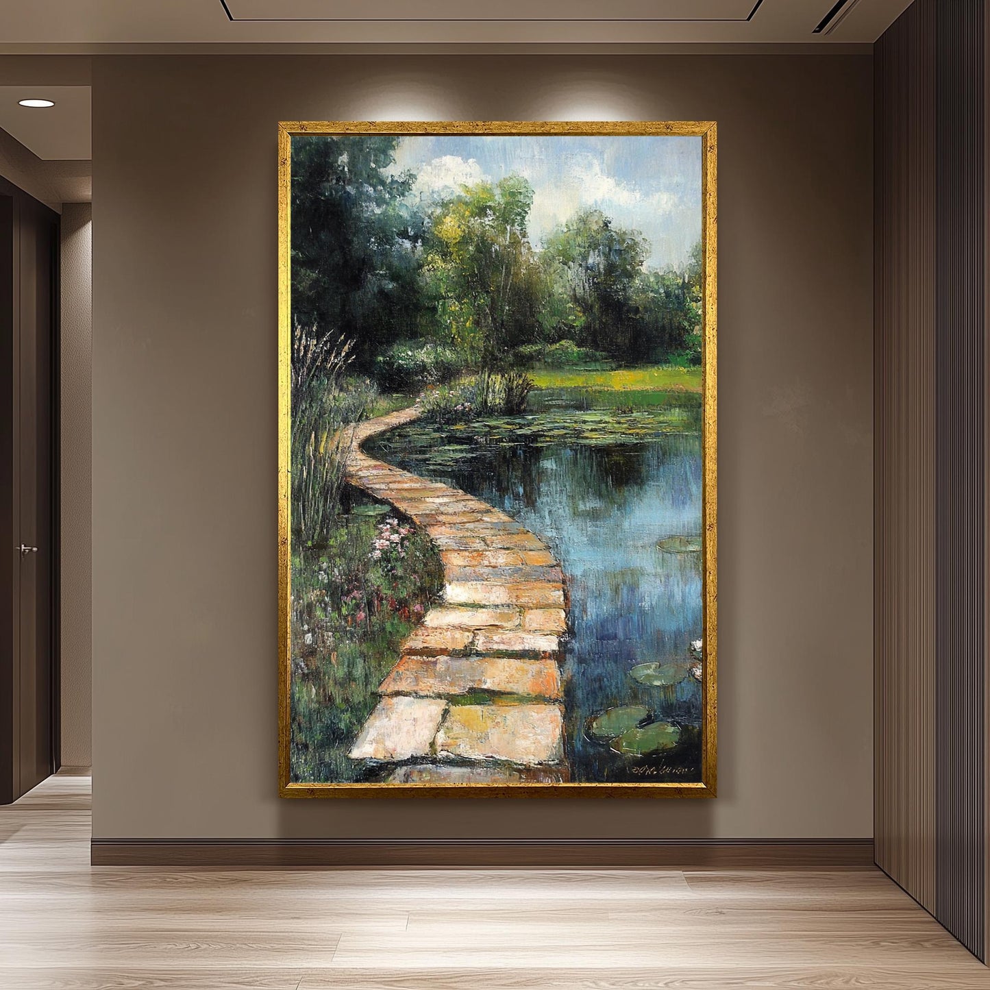 Vintage Garden Pond Oil Painting: Serene Lily Pad Landscape Art
