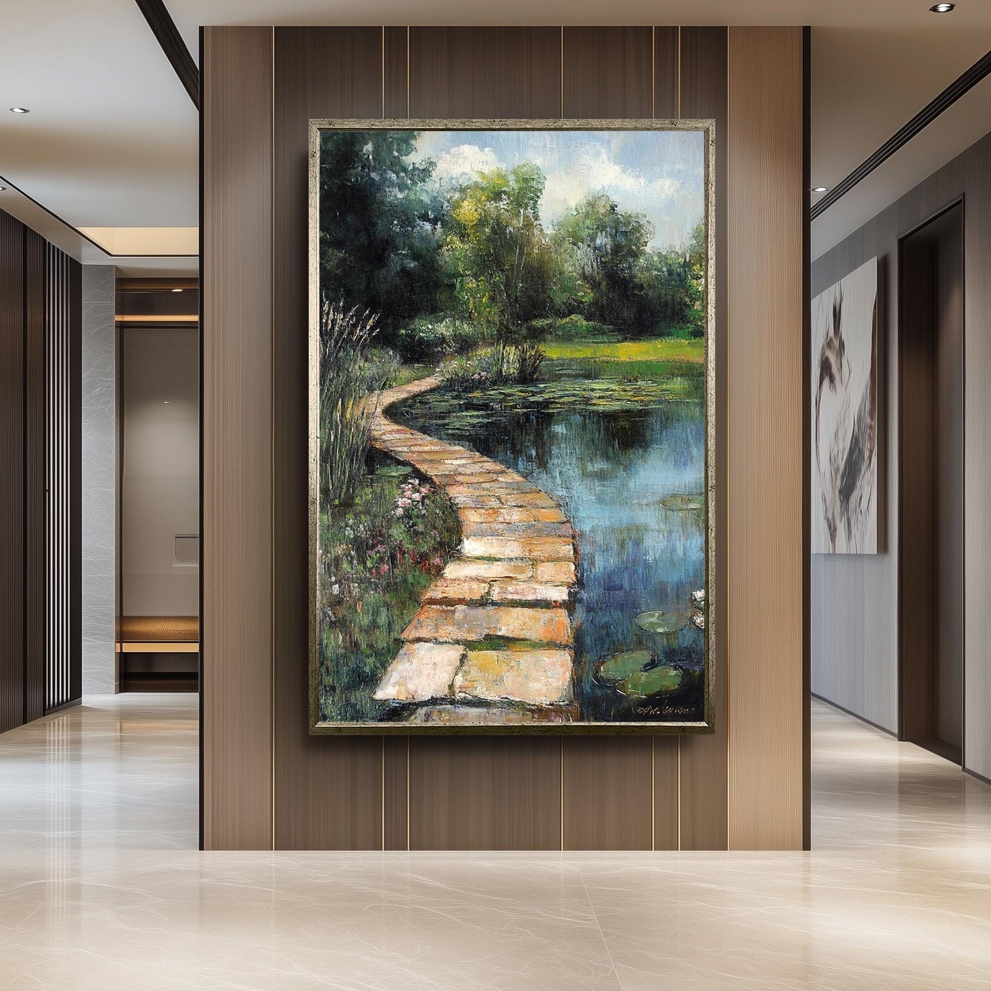 Vintage Garden Pond Oil Painting: Serene Lily Pad Landscape Art