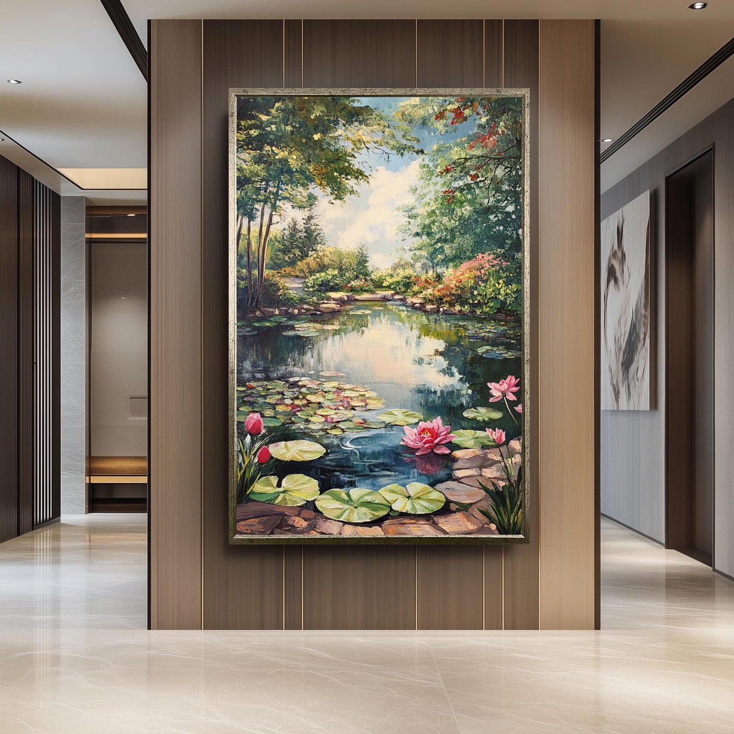 Vintage Lily Pond Oil Painting: Romantic Garden Landscape Wall Art
