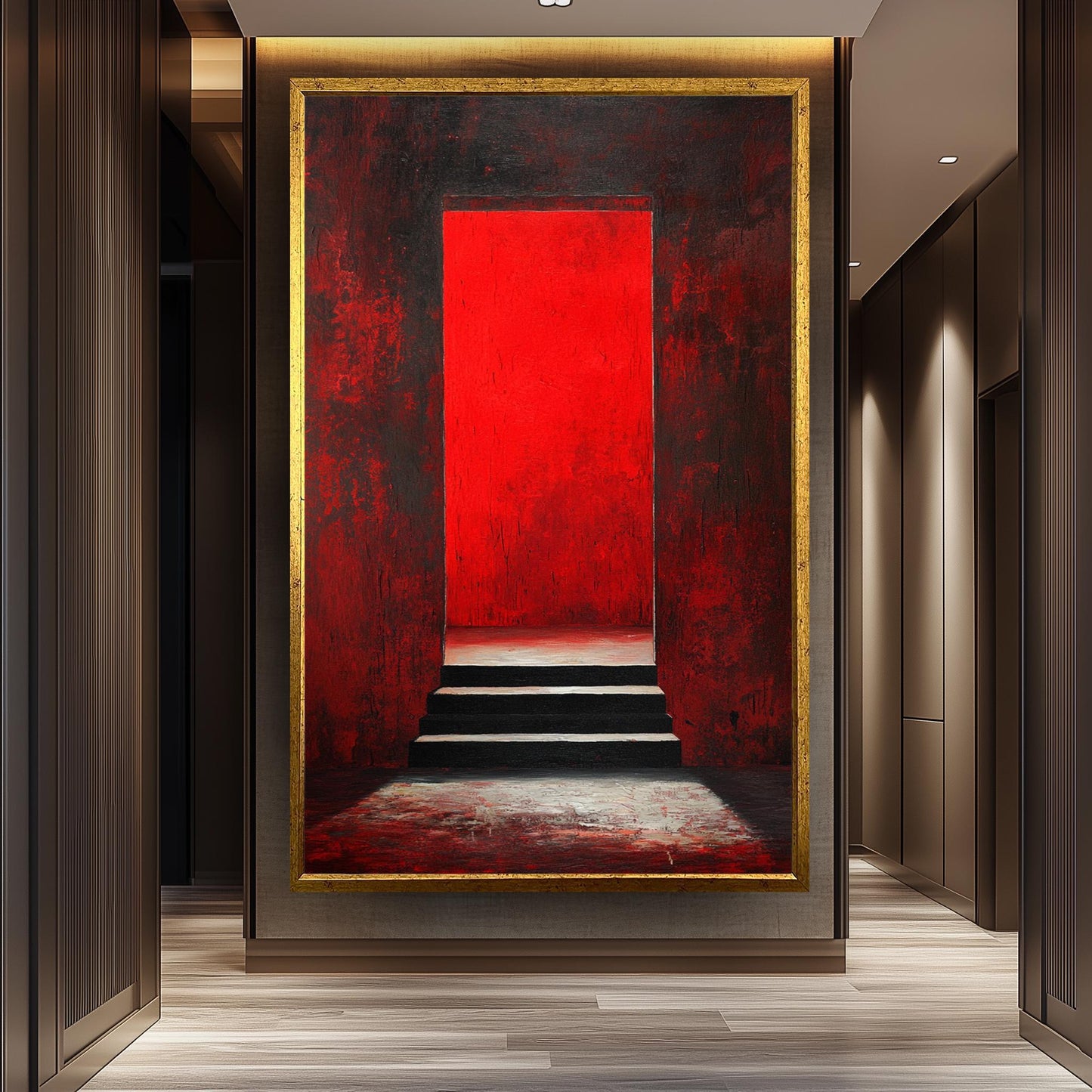Modern Abstract Red Doorway Wall Art on Canvas, Dark Staircase and Red Light Painting, Gothic Minimalist Home Decor Wall Hanging, Gothic Art