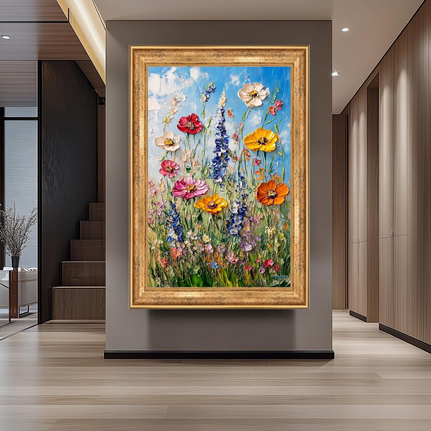 Textured Wildflower Meadow Oil Painting: Vibrant Floral Canvas Wall Art