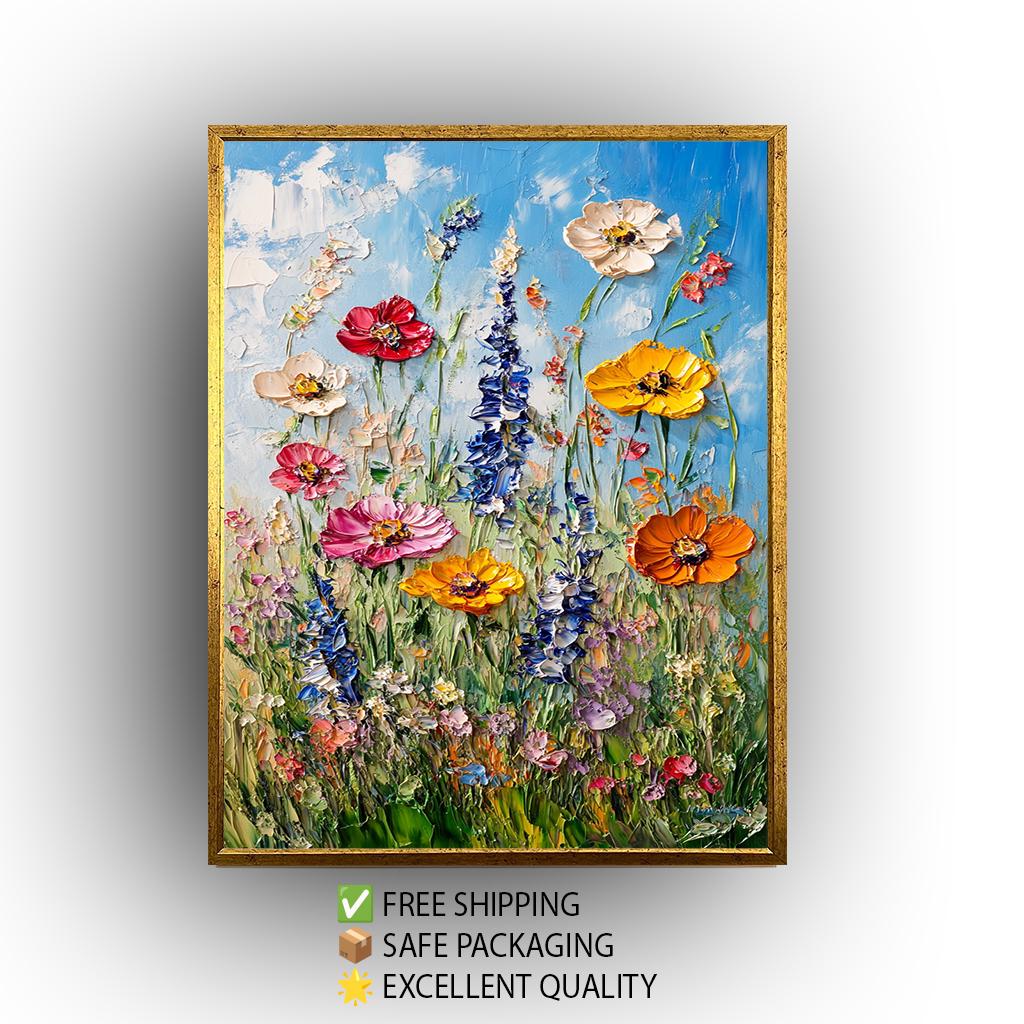 Textured Wildflower Meadow Oil Painting: Vibrant Floral Canvas Wall Art