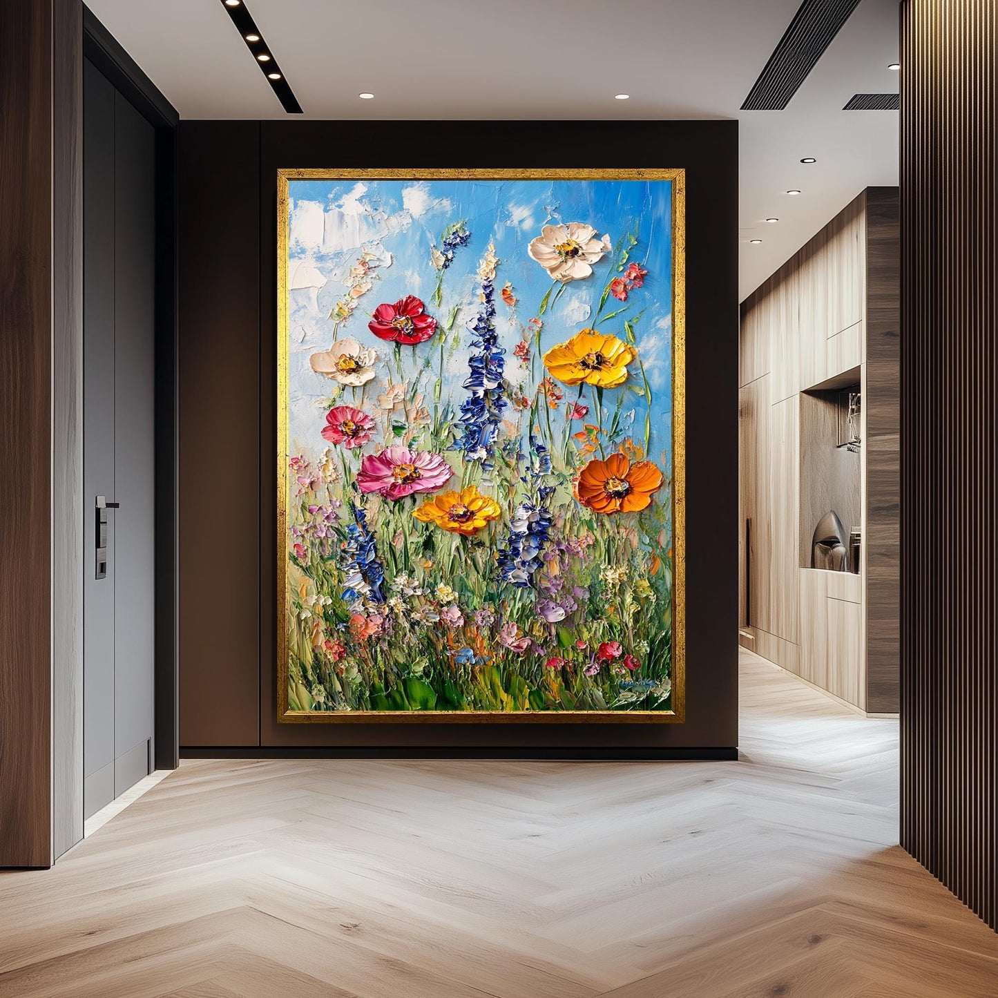 Textured Wildflower Meadow Oil Painting: Vibrant Floral Canvas Wall Art