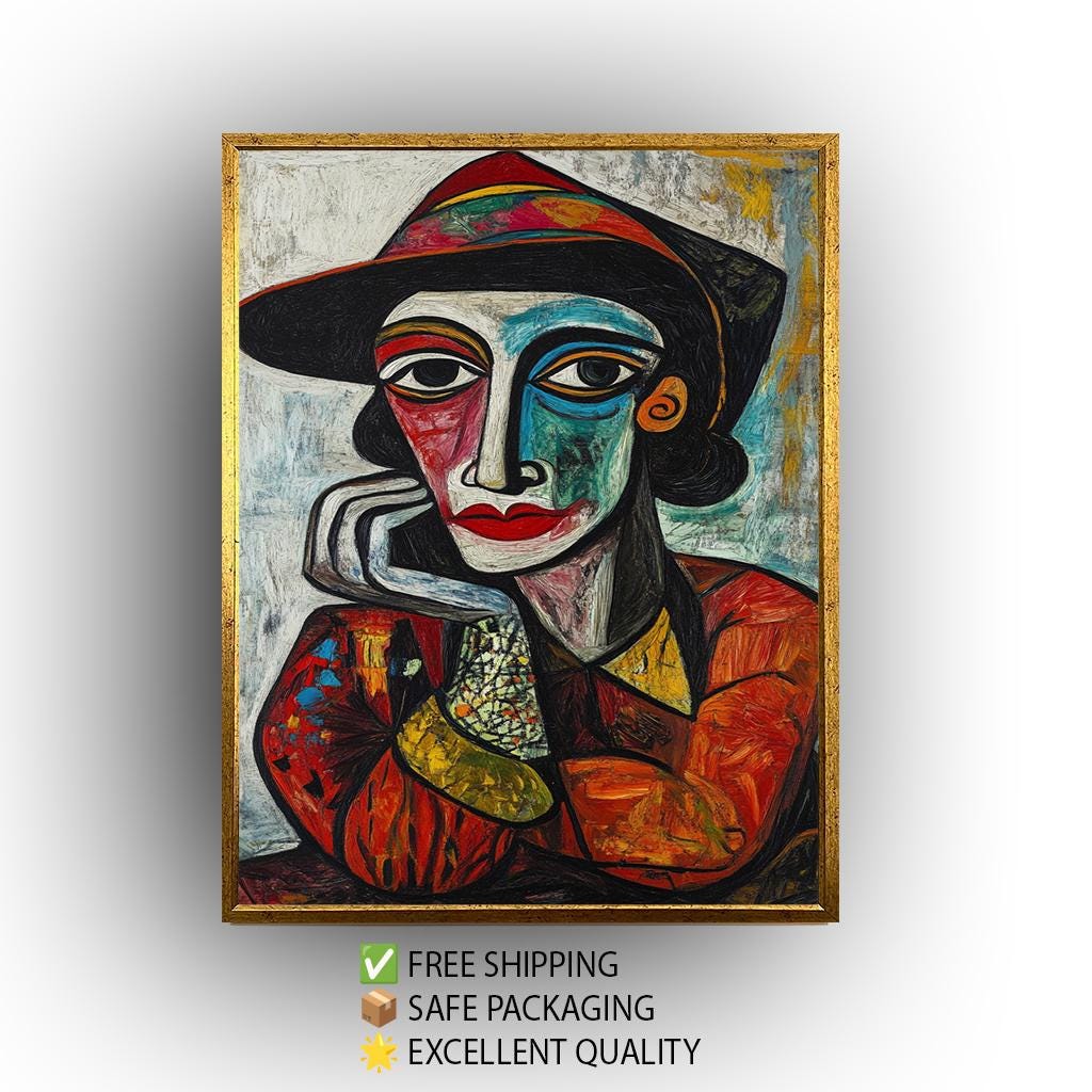 Cubist Woman Portrait: Picasso Style Colorful Canvas Art Print