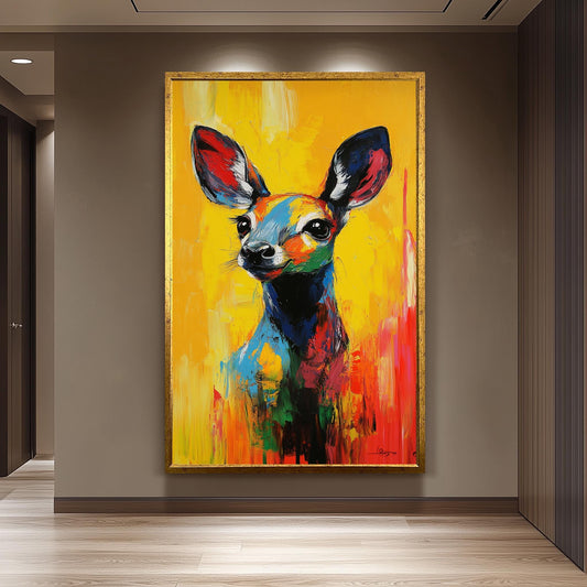Colorful Deer Pop Art Portrait Painting on Canvas, Abstract Animal Wall Art with Vibrant Yellow Background for Modern Home Decor, Deer Print