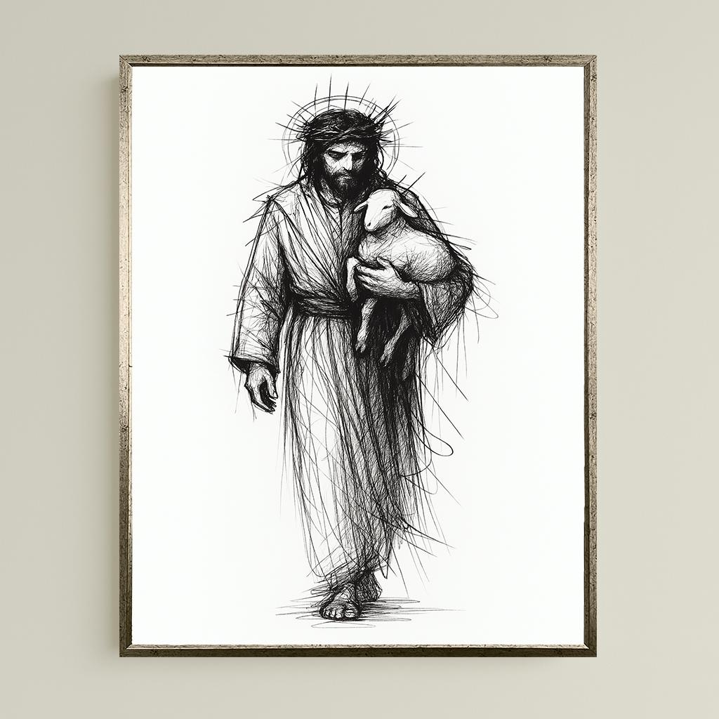 Jesus and Lamb Line Art Print: Minimalist Christian Wall Decor