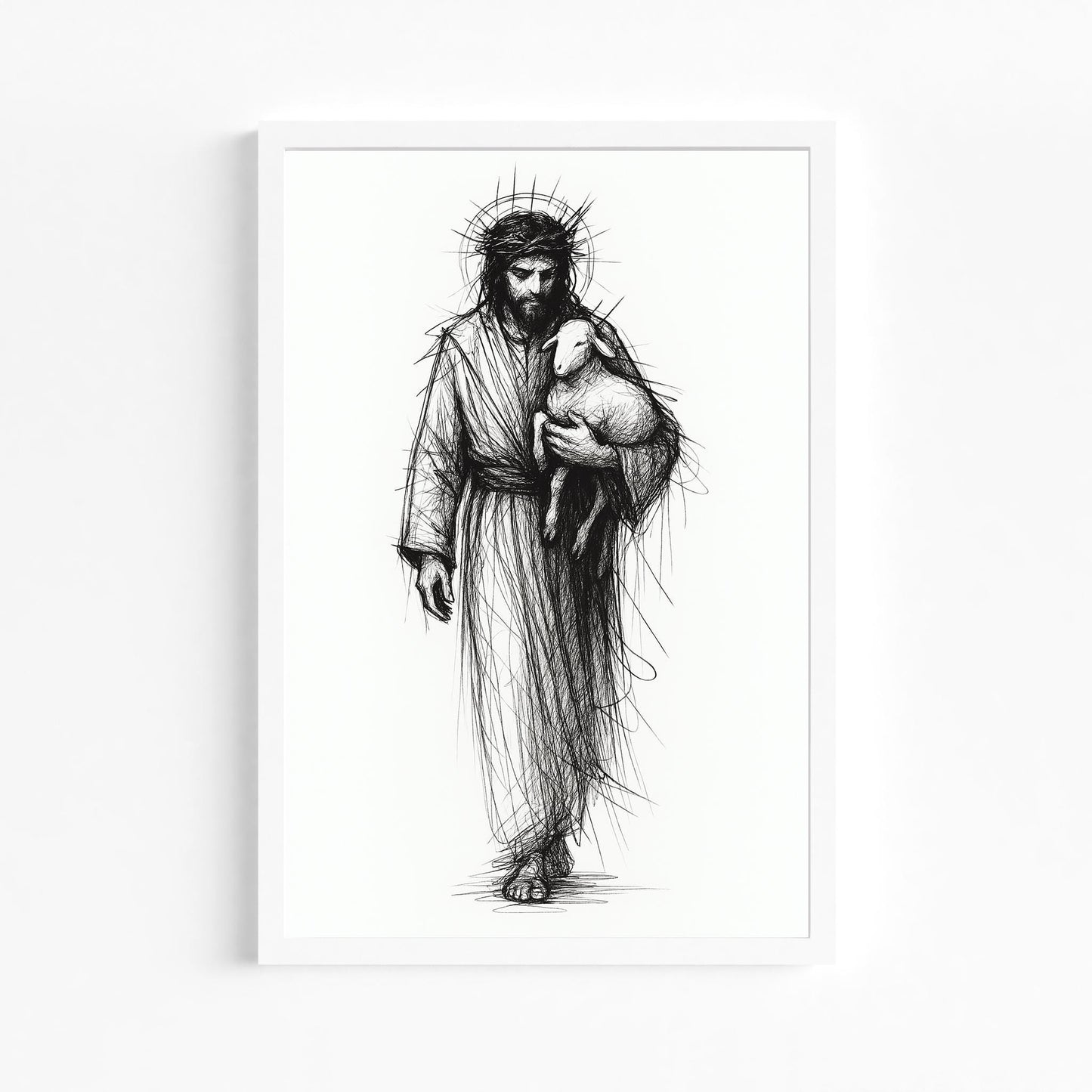 Jesus and Lamb Line Art Print: Minimalist Christian Wall Decor