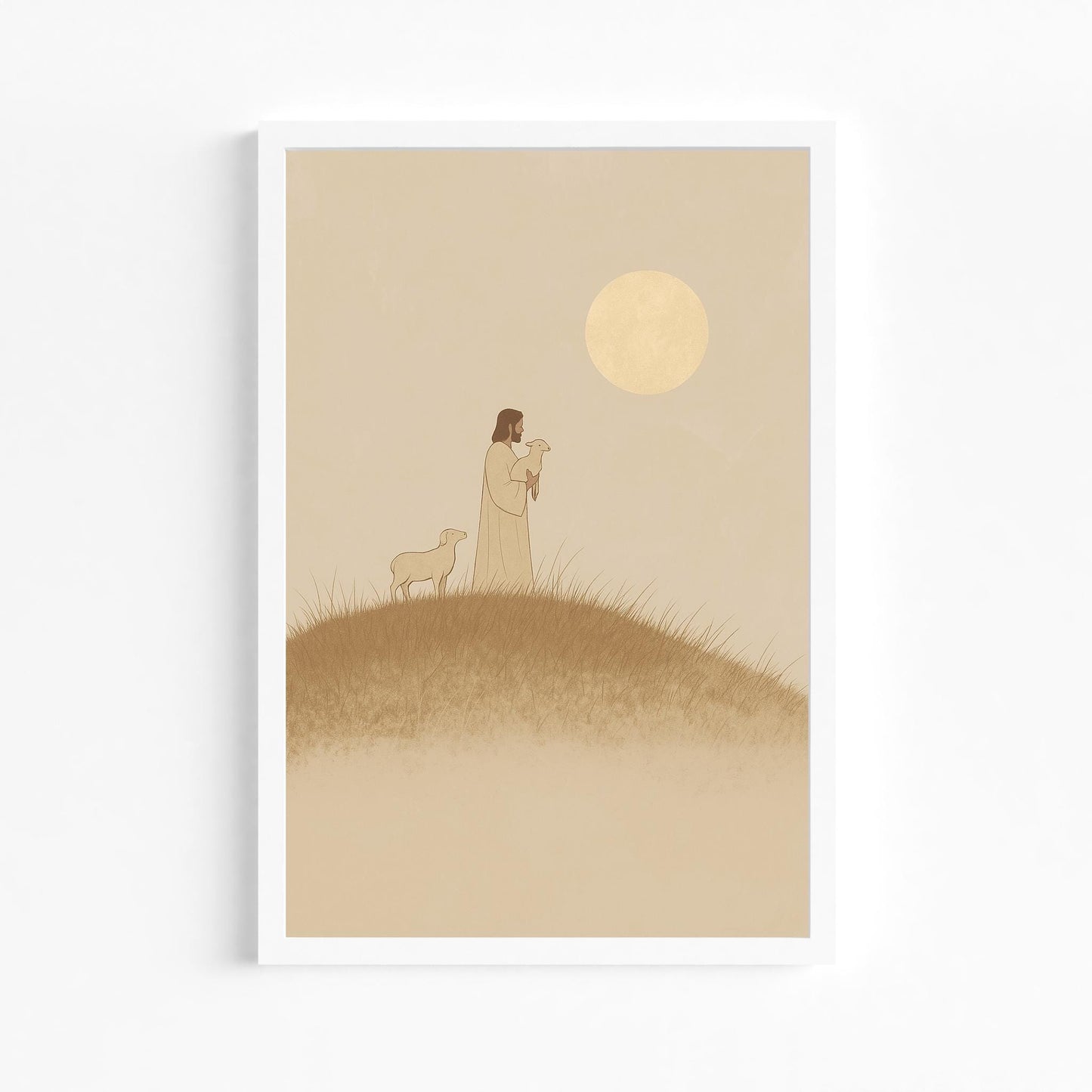 Jesus with Lamb Pastoral Scene Christian Minimalist Wall Art Faithful Shepherd Print Beige Modern Spiritual Decor for Home or Church