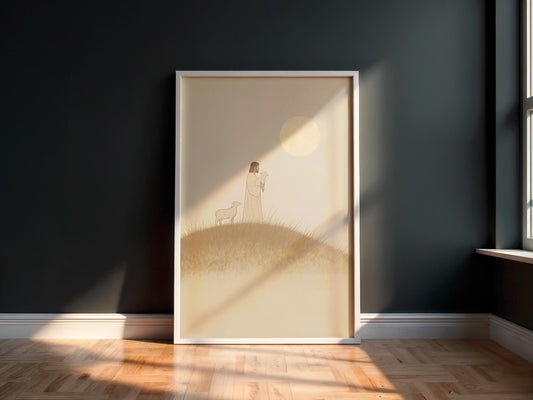 Jesus with Lamb Pastoral Scene Christian Minimalist Wall Art Faithful Shepherd Print Beige Modern Spiritual Decor for Home or Church