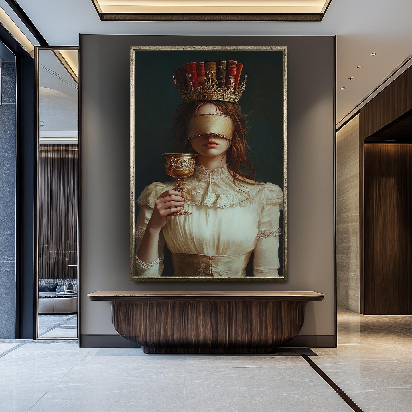 Dark Academia Canvas Art: Blindfolded Woman with Book Crown