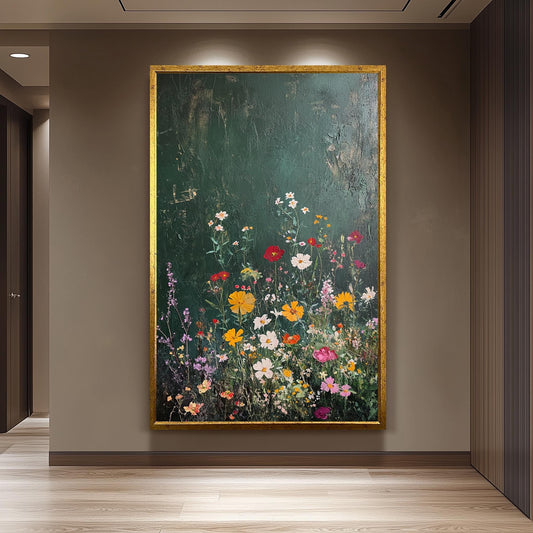 Dark Green Wildflower Canvas Art: Cottagecore Botanical Painting