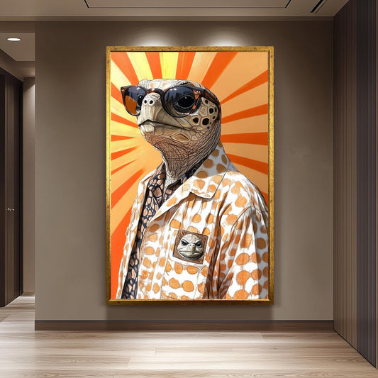 Anthropomorphic Turtle Wall Art Print, Retro Cool Turtle in Sunglasses and Polka Dot Shirt, Fun Animal Portrait for Quirky Home Decor