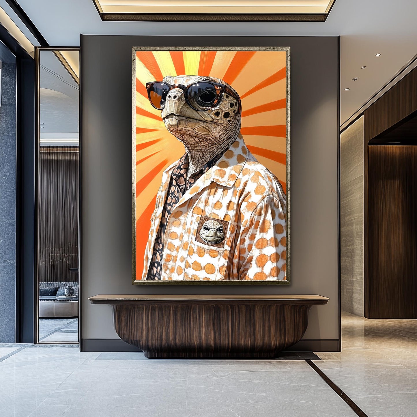 Anthropomorphic Turtle Wall Art Print, Retro Cool Turtle in Sunglasses and Polka Dot Shirt, Fun Animal Portrait for Quirky Home Decor