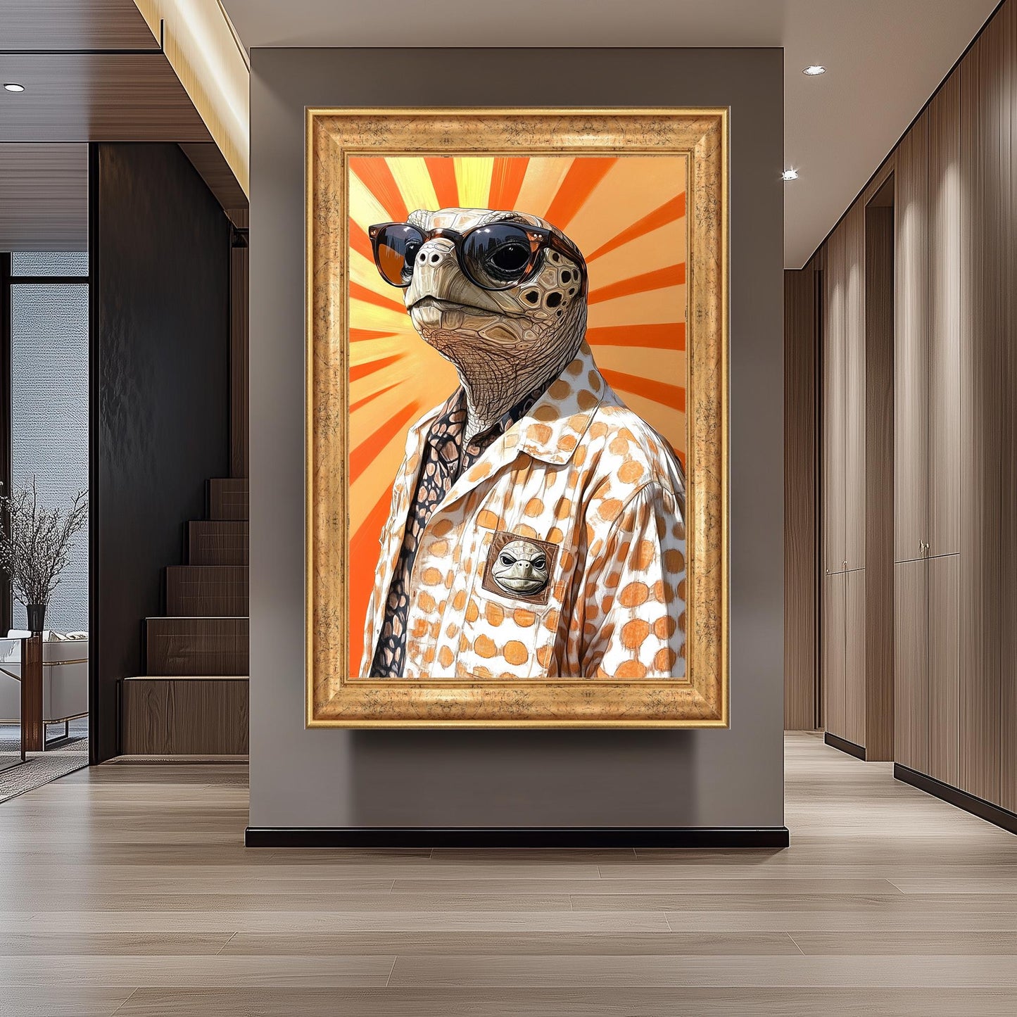 Anthropomorphic Turtle Wall Art Print, Retro Cool Turtle in Sunglasses and Polka Dot Shirt, Fun Animal Portrait for Quirky Home Decor
