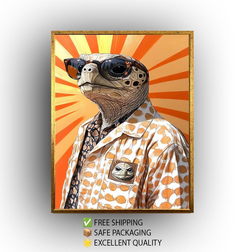 Anthropomorphic Turtle Wall Art Print, Retro Cool Turtle in Sunglasses and Polka Dot Shirt, Fun Animal Portrait for Quirky Home Decor