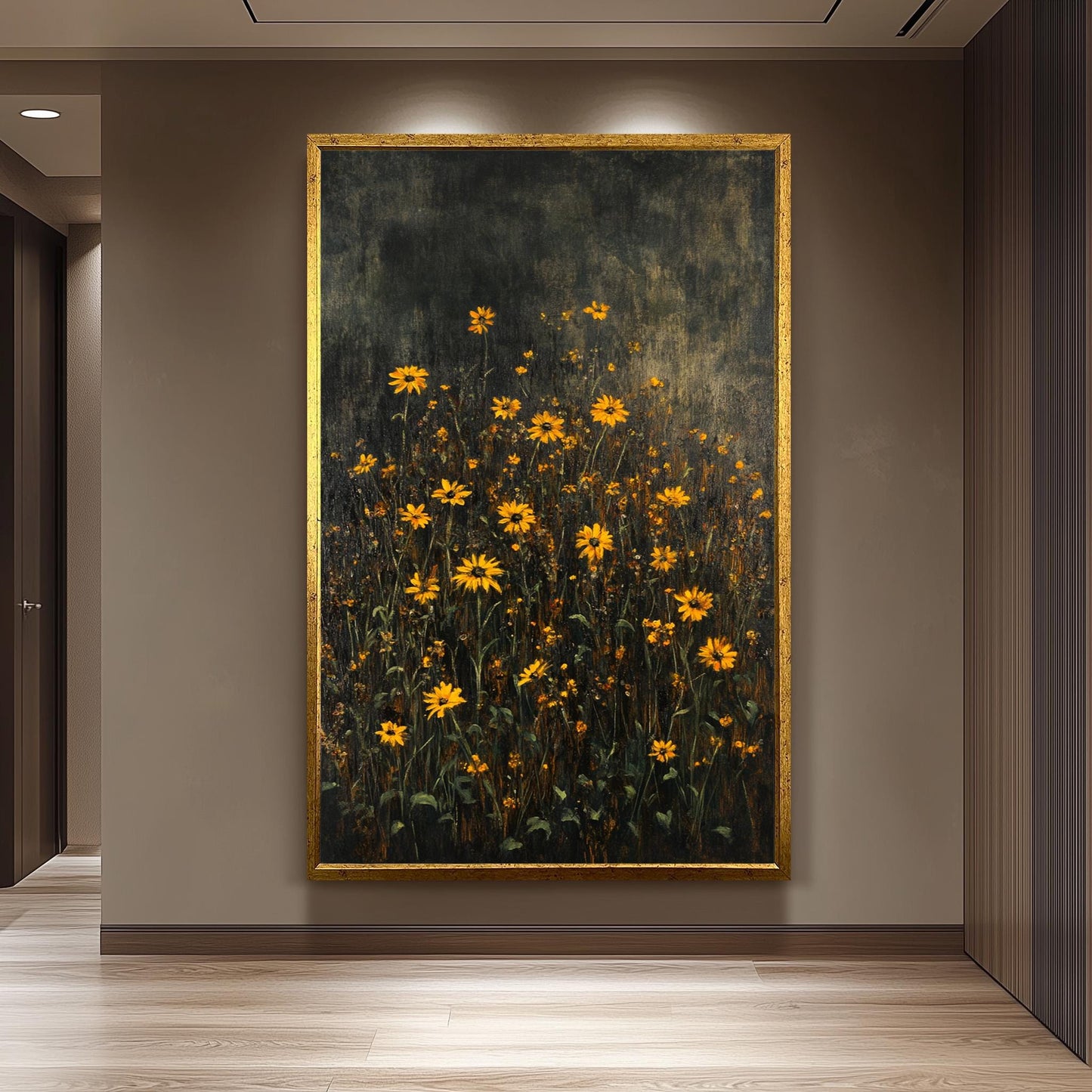 Dark Green Wildflower Field Canvas Art: Moody Floral Painting