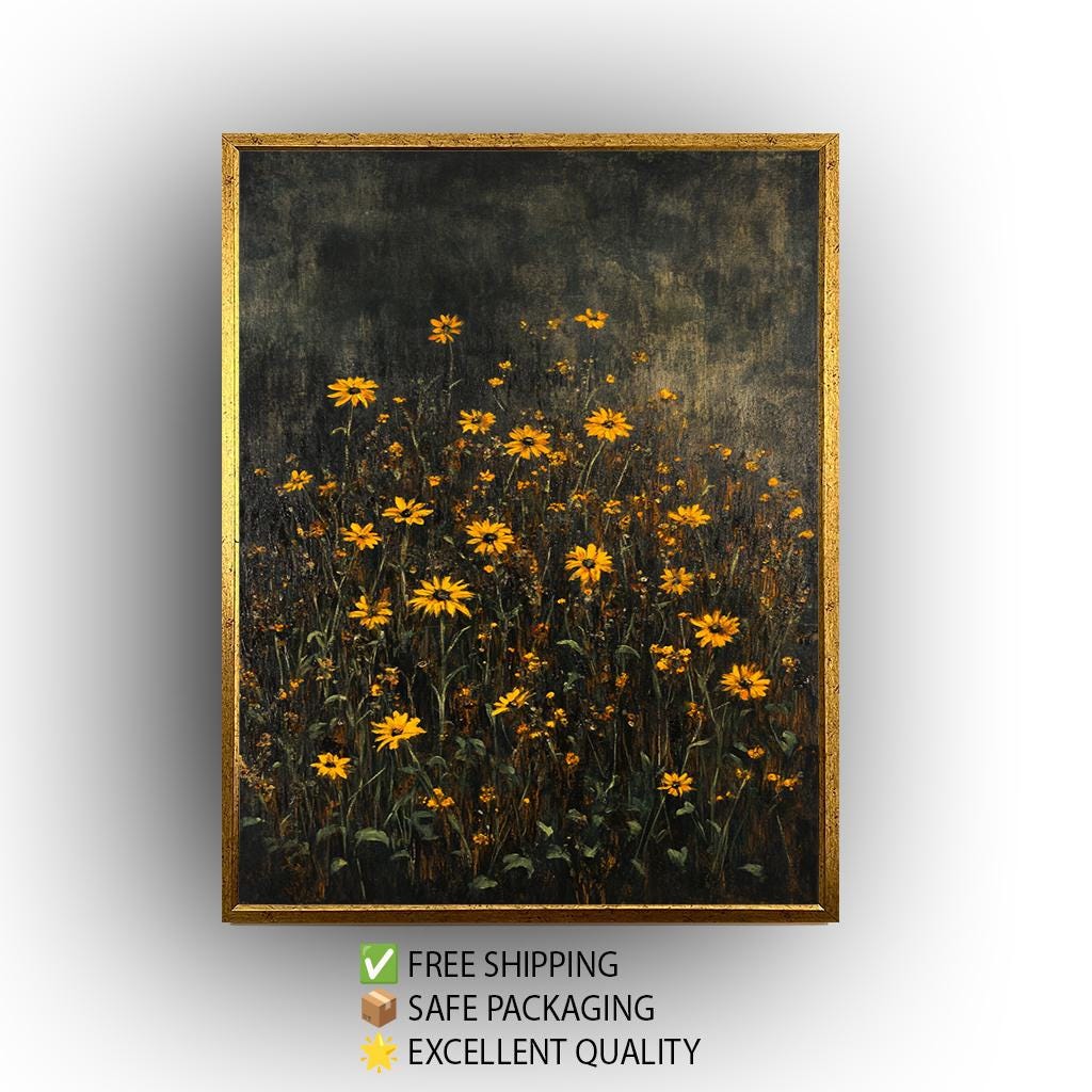 Dark Green Wildflower Field Canvas Art: Moody Floral Painting