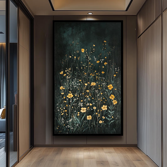 Dark Green Wildflower Meadow Canvas Print: Rustic Cottagecore Floral Art