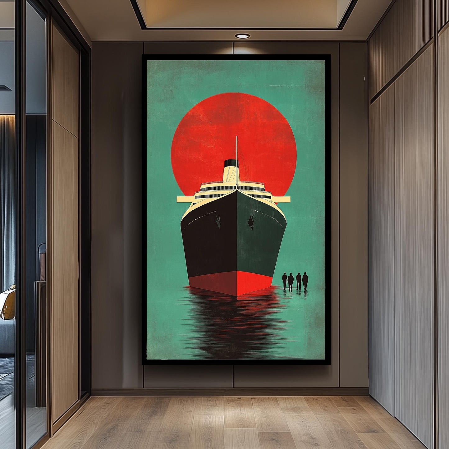 Retro Cruise Ship Art Print: Vintage Ocean Liner, Bold Red Sun