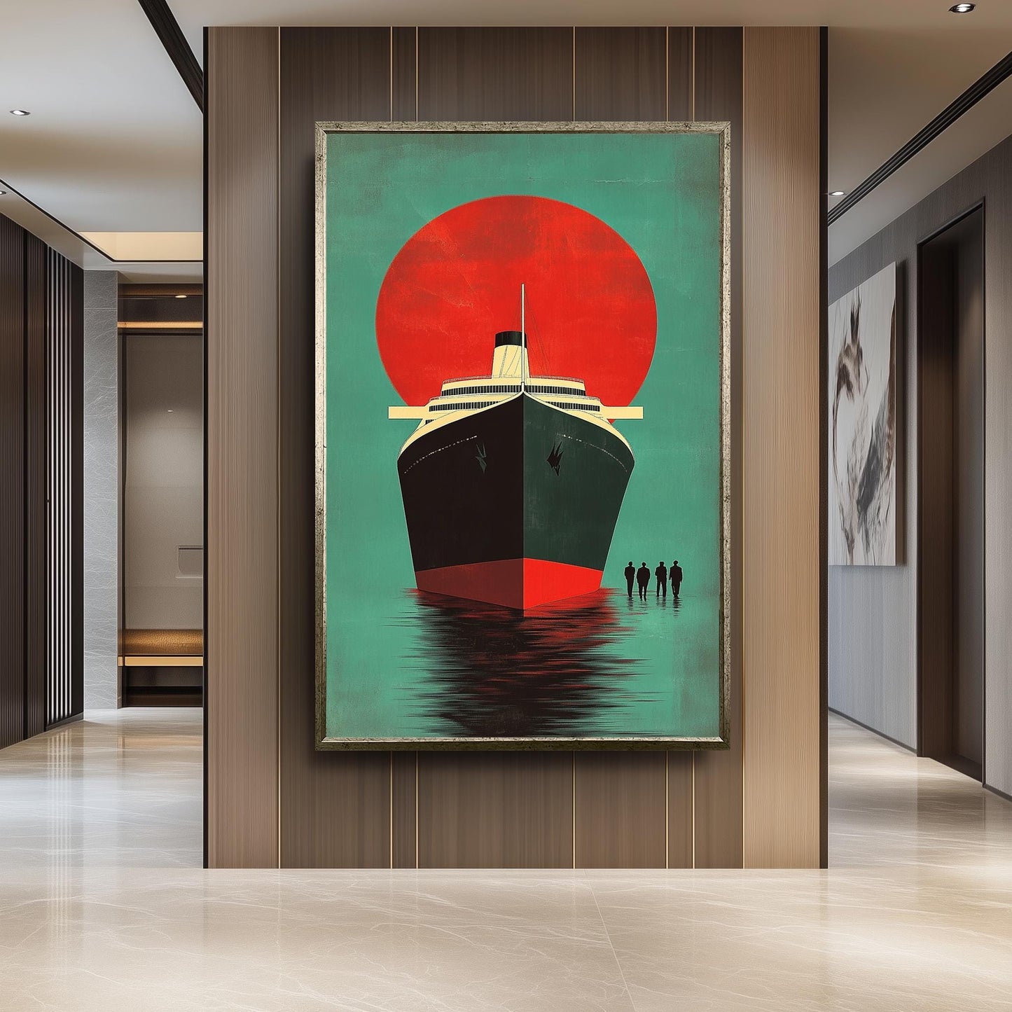 Retro Cruise Ship Art Print: Vintage Ocean Liner, Bold Red Sun