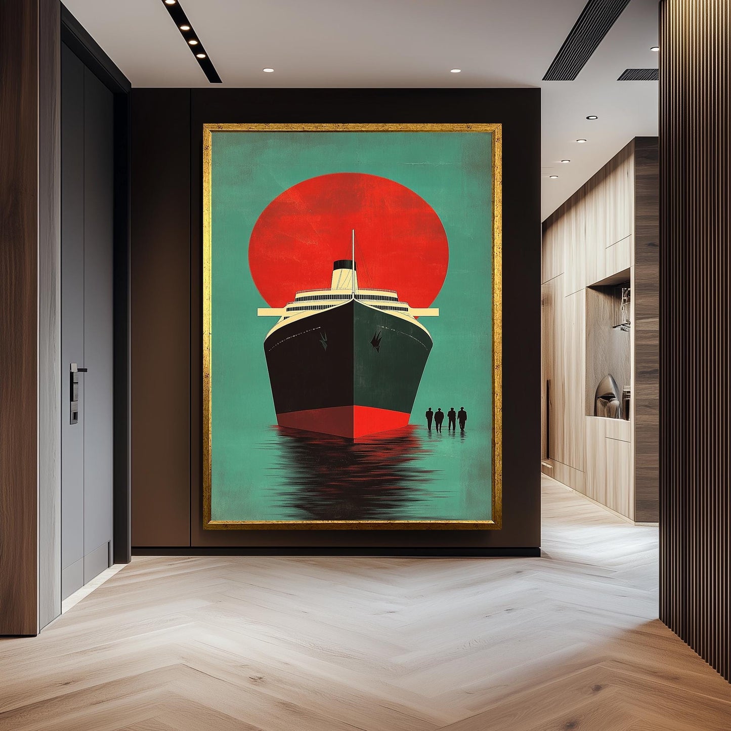 Retro Cruise Ship Art Print: Vintage Ocean Liner, Bold Red Sun