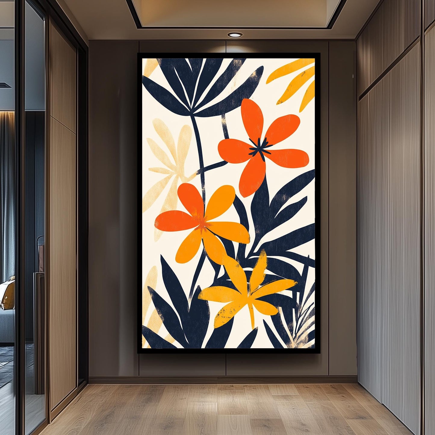 Matisse Inspired Floral Canvas Print: Orange & Navy Abstract Art