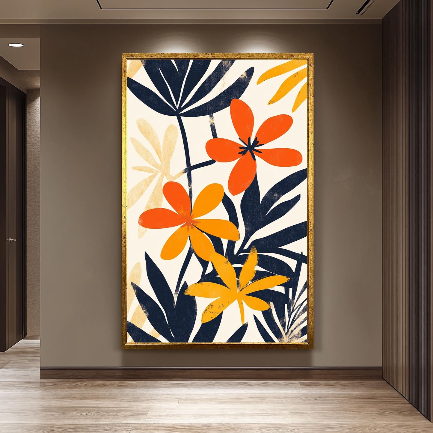 Matisse Inspired Floral Canvas Print: Orange & Navy Abstract Art