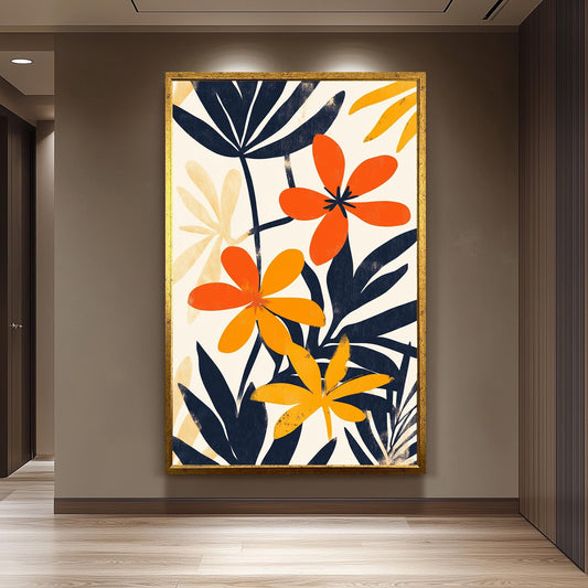 Matisse Inspired Floral Canvas Print: Orange & Navy Abstract Art