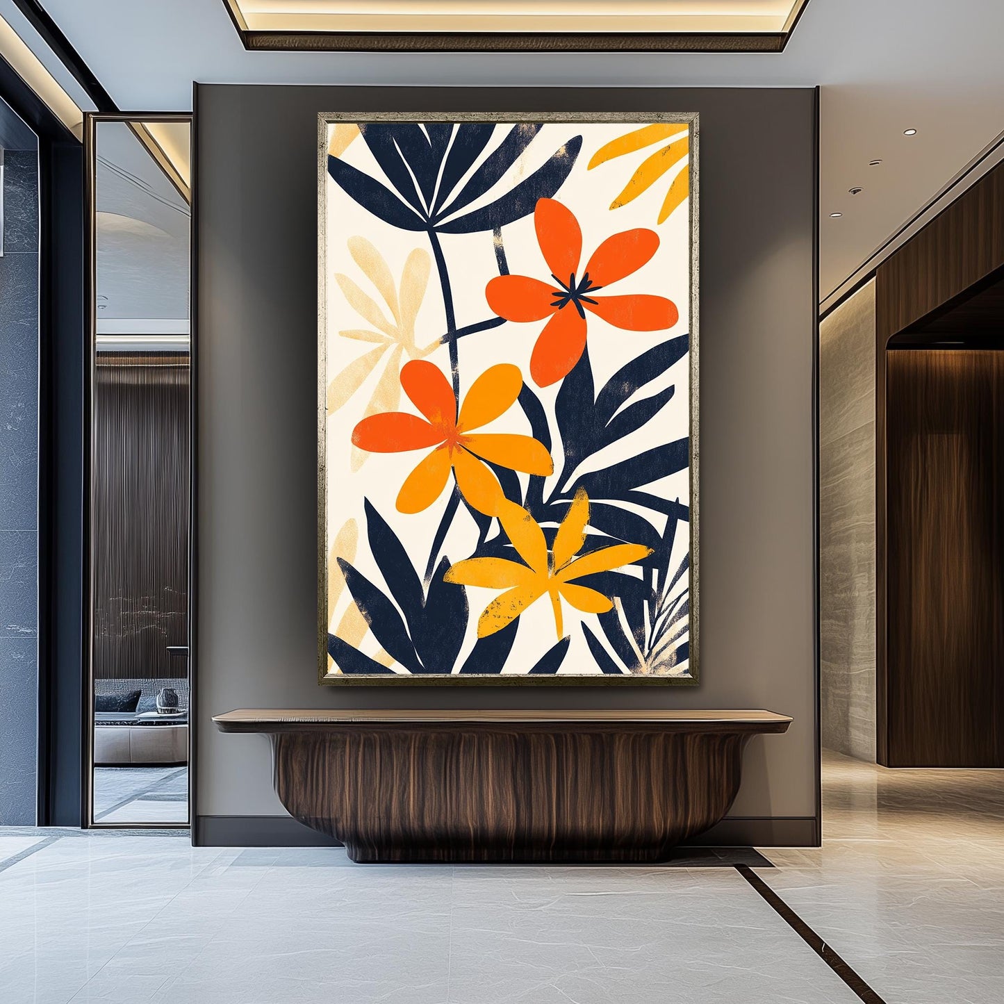 Matisse Inspired Floral Canvas Print: Orange & Navy Abstract Art