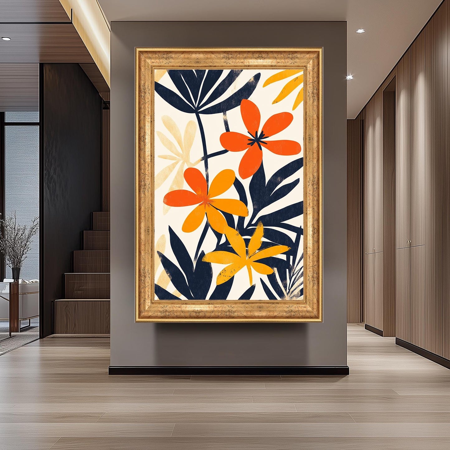 Matisse Inspired Floral Canvas Print: Orange & Navy Abstract Art