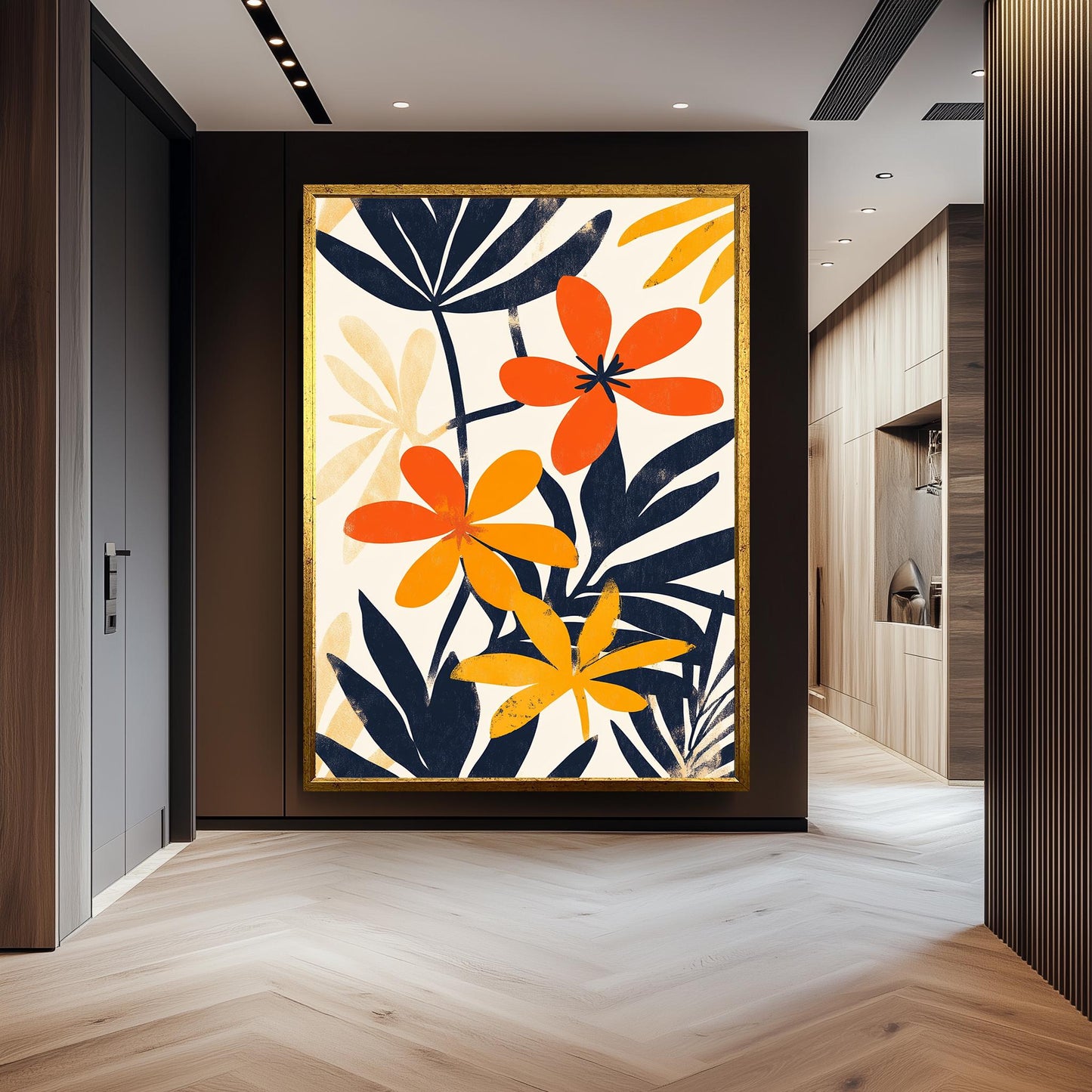 Matisse Inspired Floral Canvas Print: Orange & Navy Abstract Art