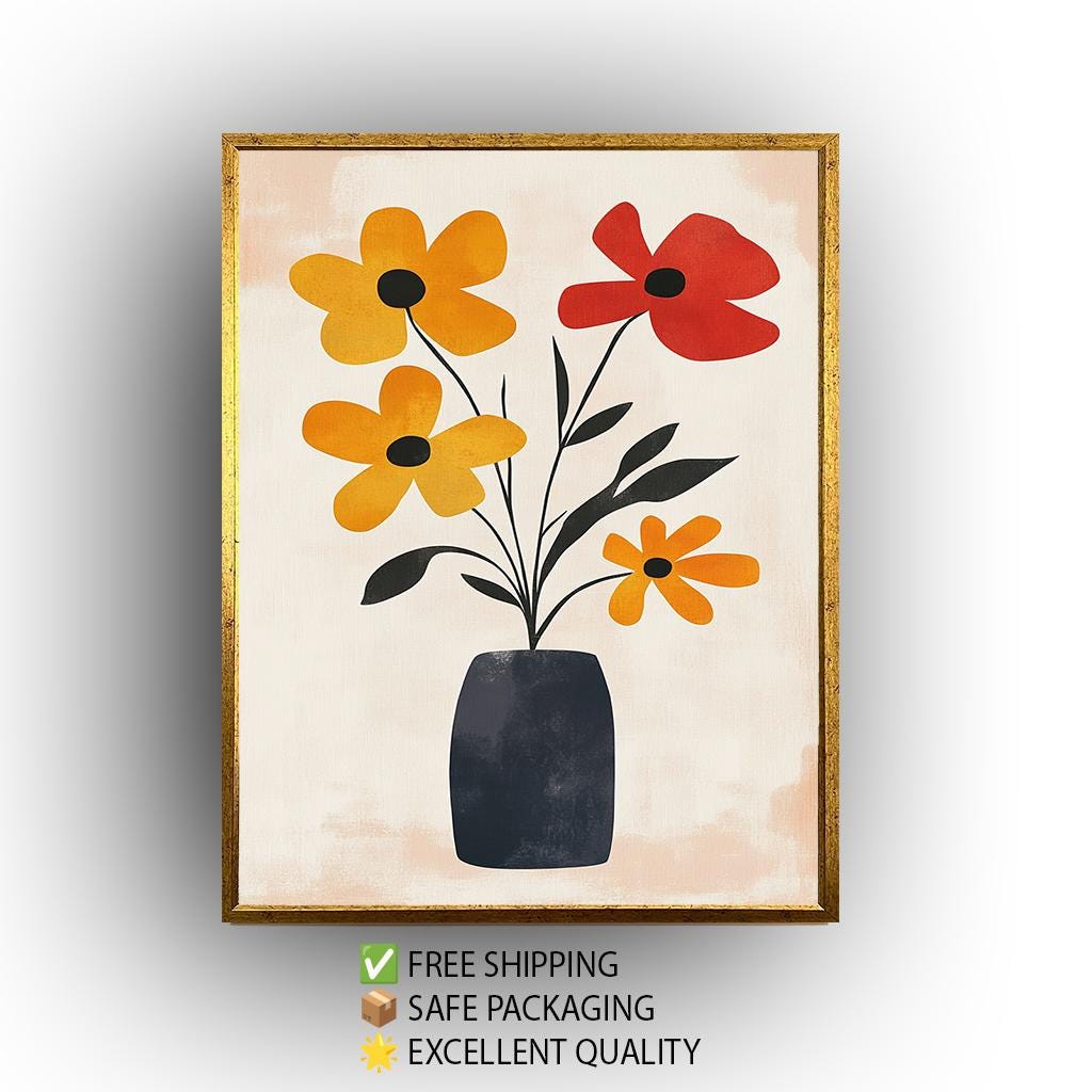Matisse Inspired Floral Vase Print: Abstract Red and Yellow Flowers