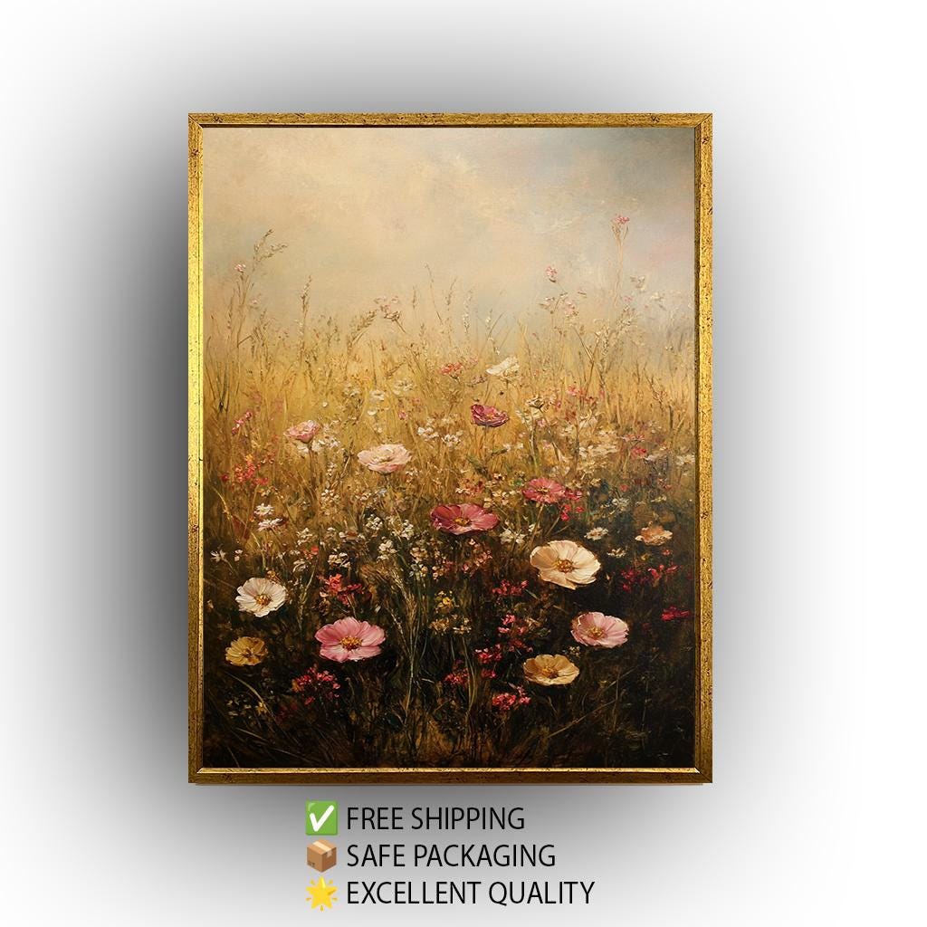 Wildflower Field Canvas Print: Vintage Floral Meadow Painting