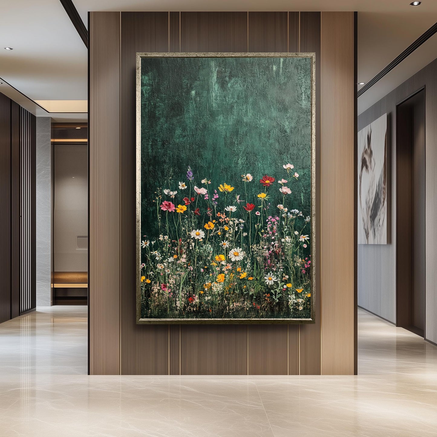 Wildflower Canvas Art: Botanical Painting on Dark Green