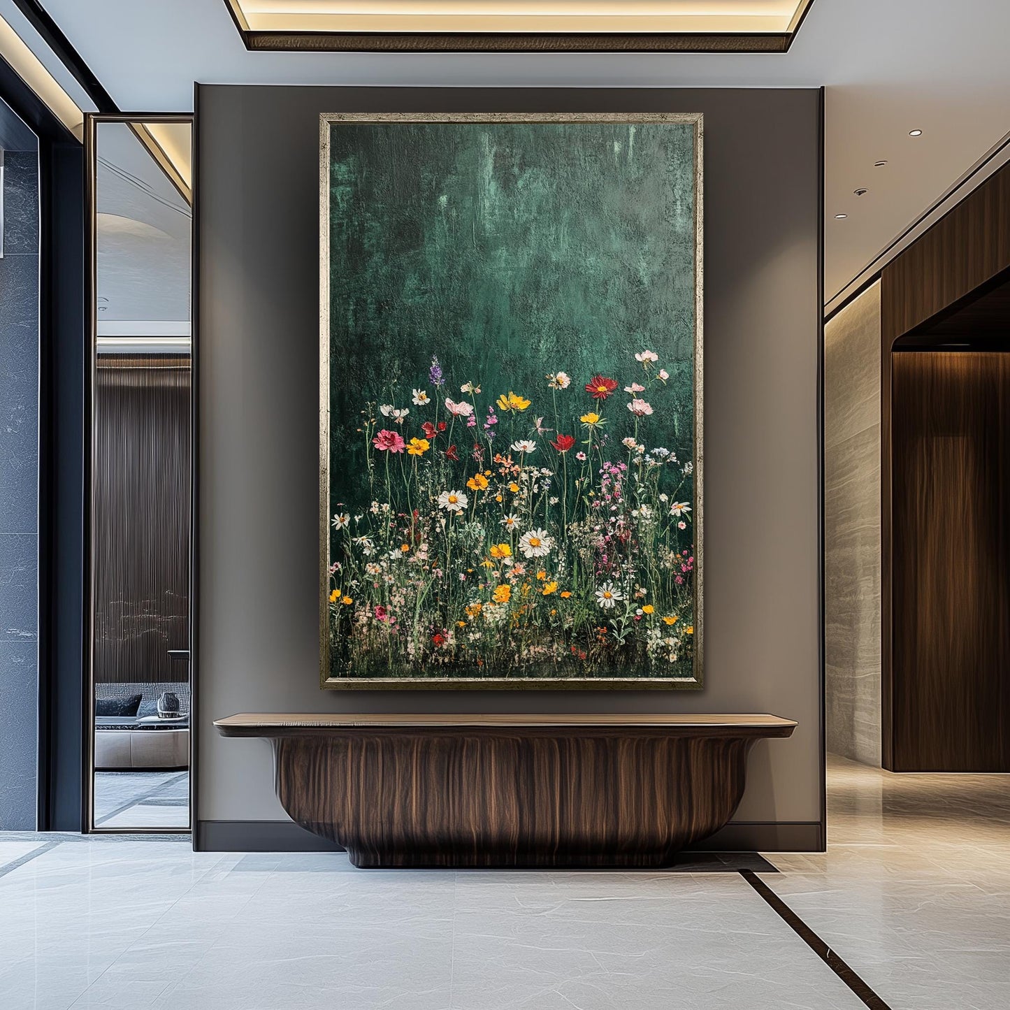 Wildflower Canvas Art: Botanical Painting on Dark Green