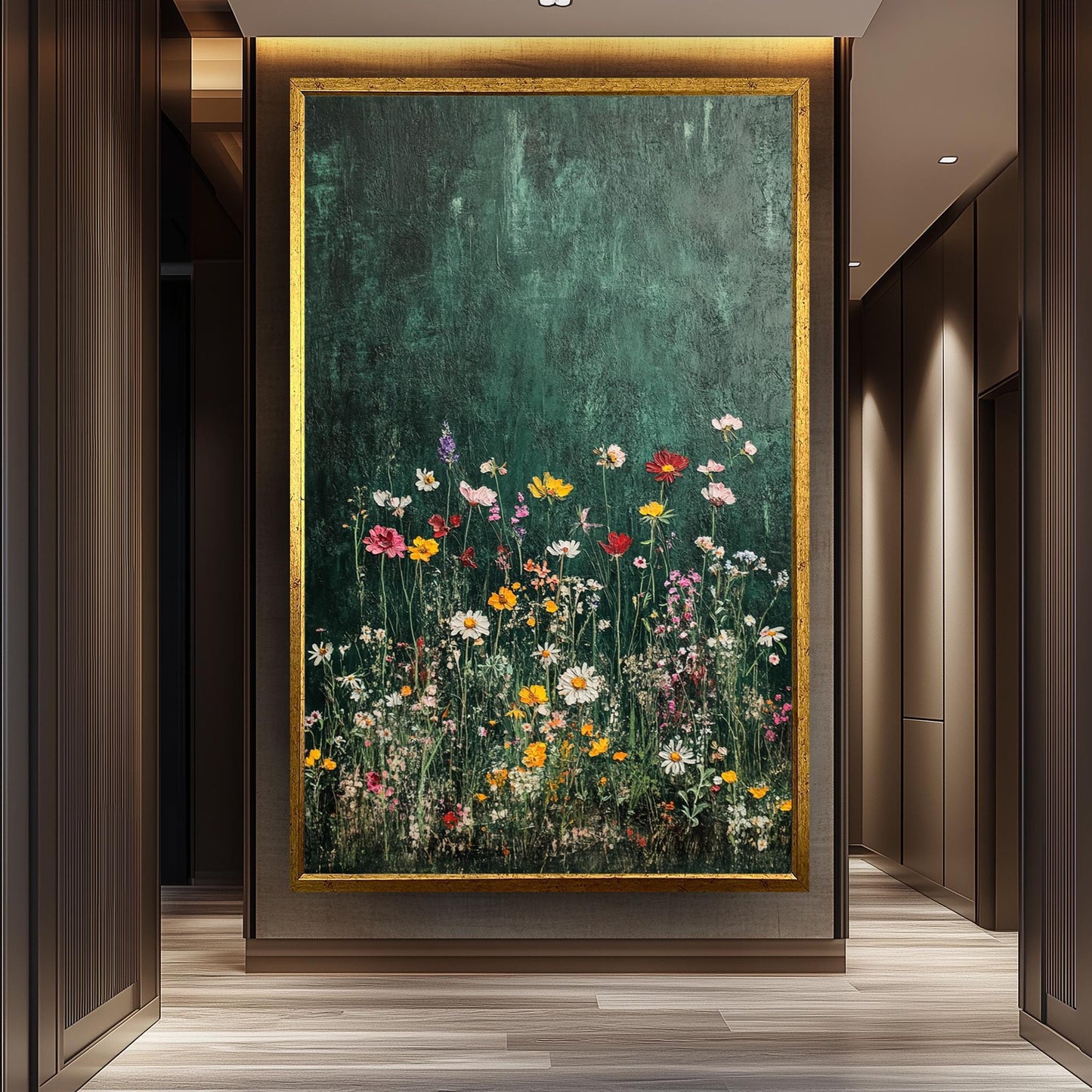Wildflower Canvas Art: Botanical Painting on Dark Green