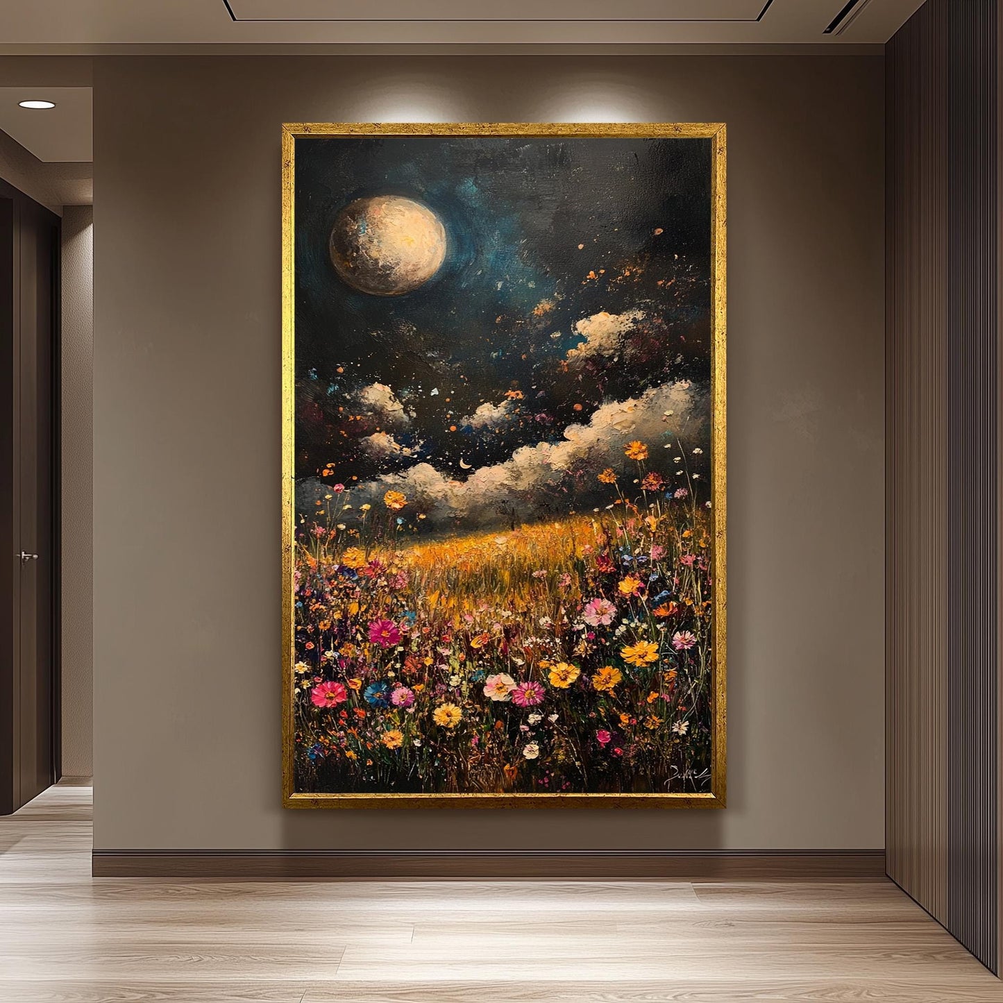 Moonlit Wildflower Field Canvas Print: Boho Floral Landscape Wall Art