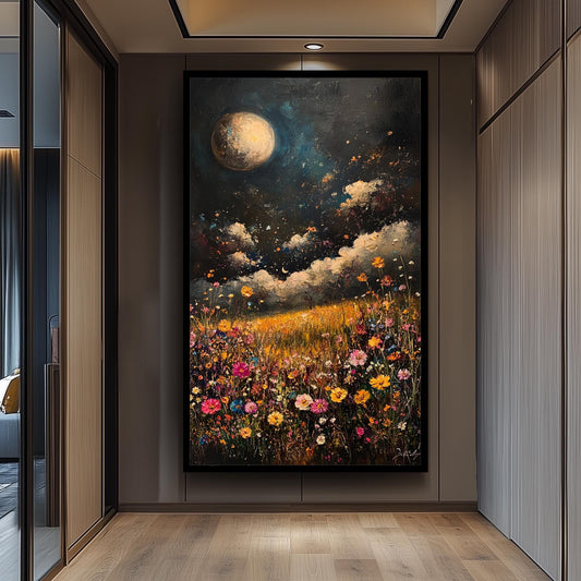 Moonlit Wildflower Field Canvas Print: Boho Floral Landscape Wall Art